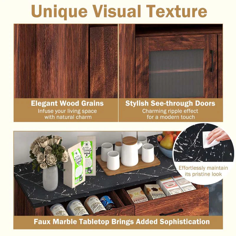 Sideboard Buffet Cabinet, Coffee Bar Cabinet with 2 Drawers, Faux Marble Top - Product image 7