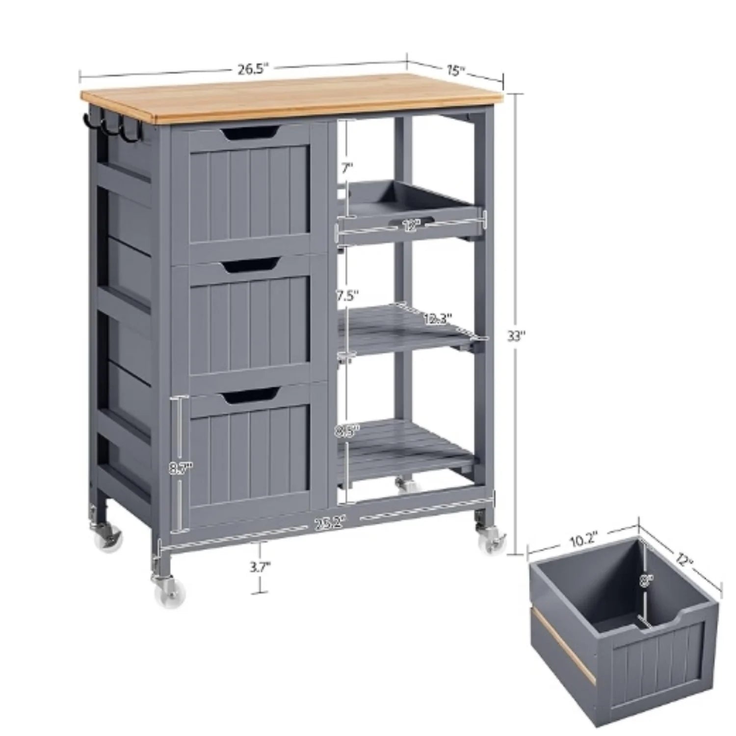 Kitchen Island Cart on Wheels with Storage, Rolling Bar Cart with Solid Wood Top and 3 Drawers - Product image 6