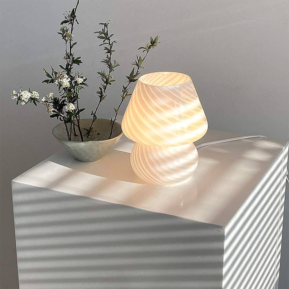 LongTN Translucent Table Mushroom Lamp Italian Style Modern Striped Glass Bedside Lamps Desk Light - Product image 1