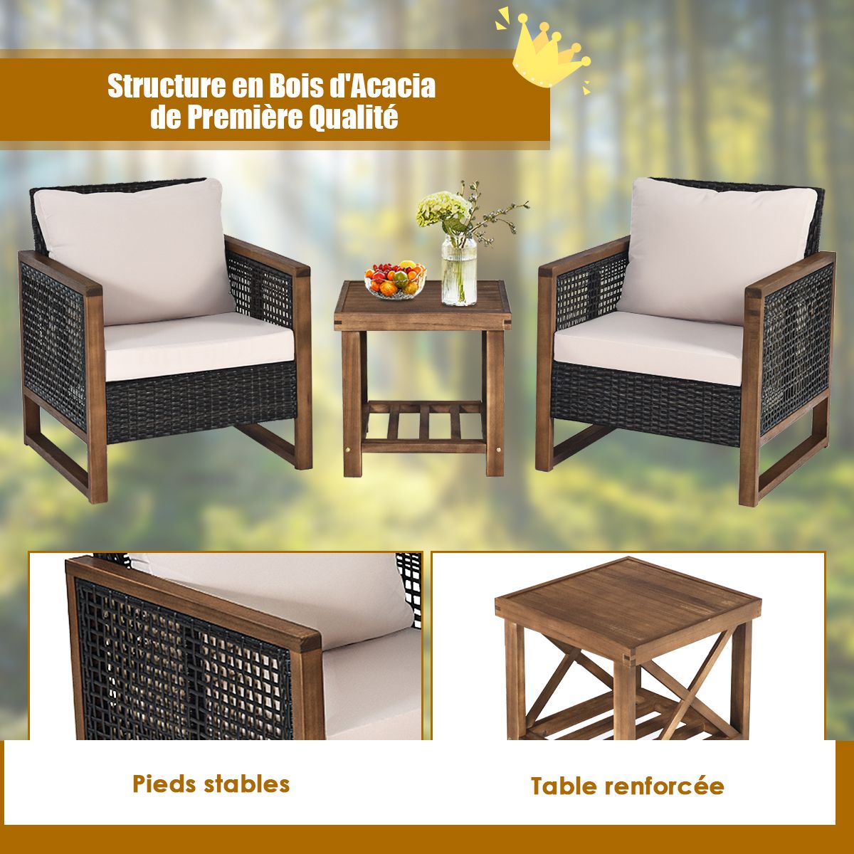 Acacia Wood Garden Furniture Set Handcrafted Rattan Anti-sun Weather Resistant for Porch Balcony Terrace -