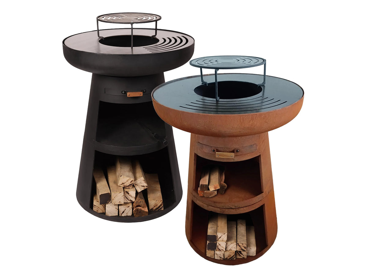 Round barbecue with round steel plate and corten steel grill -