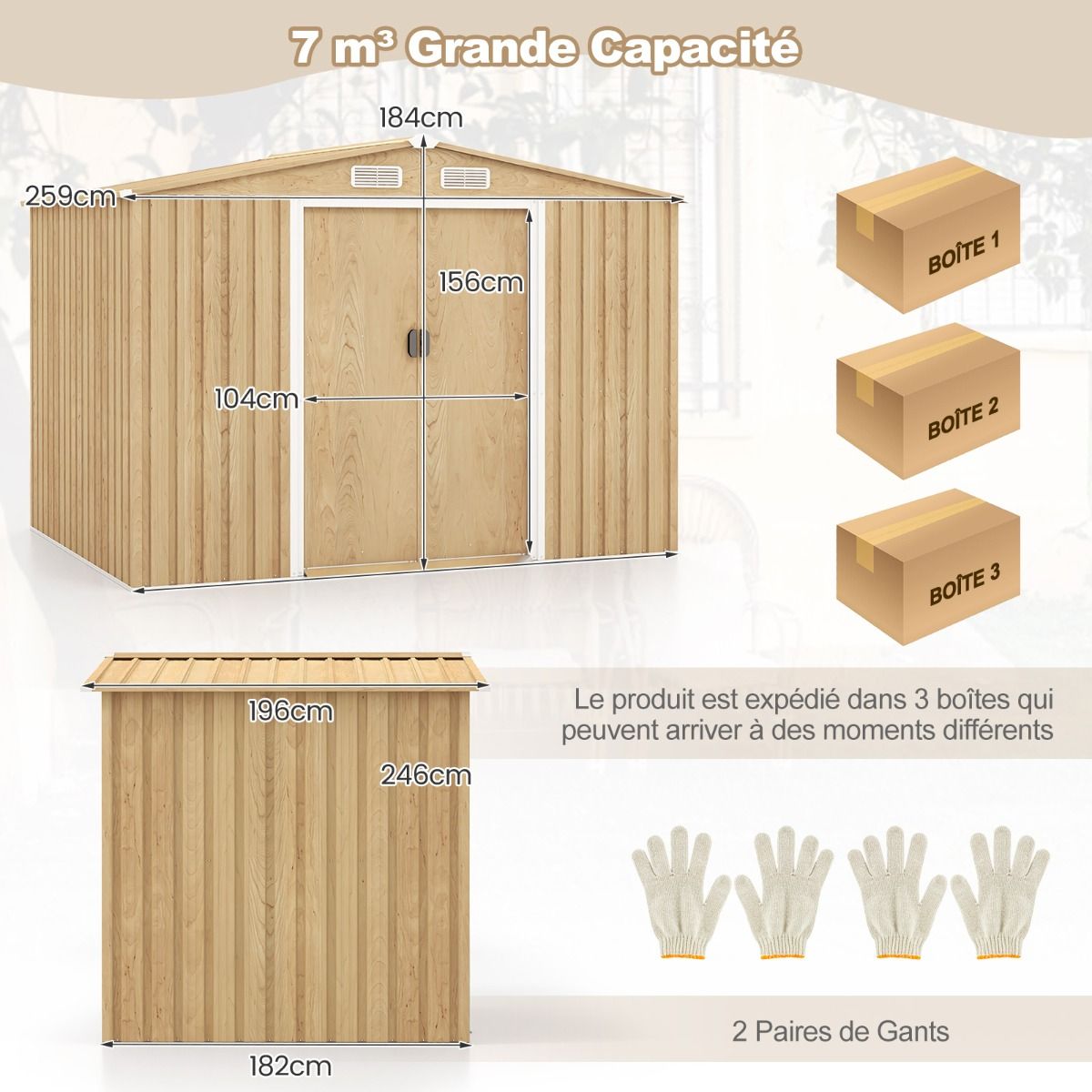 Storage Shed 259cm x196cm with Foundation Base Home Galvanized Metal Tools with 4 Vents Waterproof and Windproof Natural -