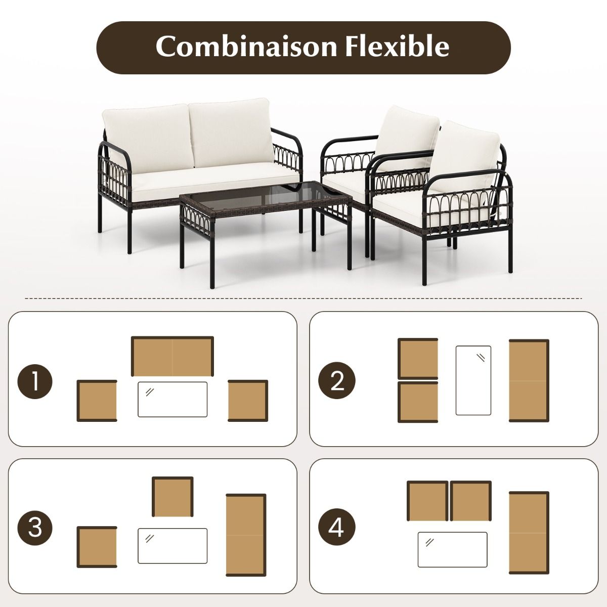 Patio Furniture 4 Pieces Rattan Load 180-360KG with Loveseat Chairs Cushions and Tempered Glass Coffee Table for Balcony White -