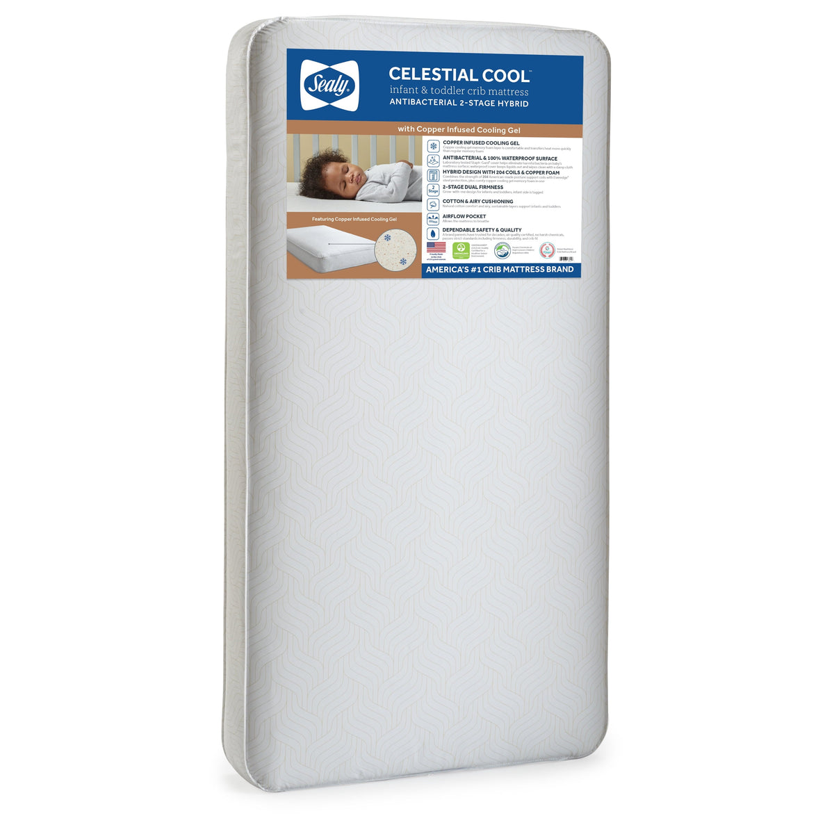 Celestial Cool Ultra-Premium 2-Stage Hybrid Antibacterial Crib & Toddler Mattress. Cool Copper Gel - Product image 1