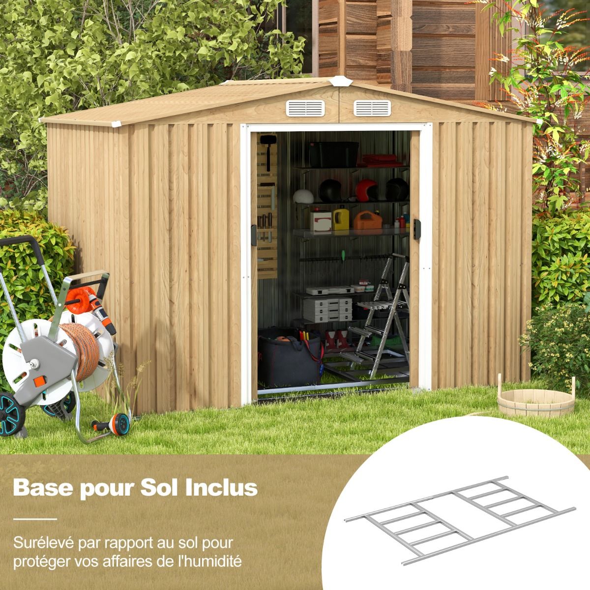 Storage Shed 259cm x196cm with Foundation Base Home Galvanized Metal Tools with 4 Vents Waterproof and Windproof Natural -