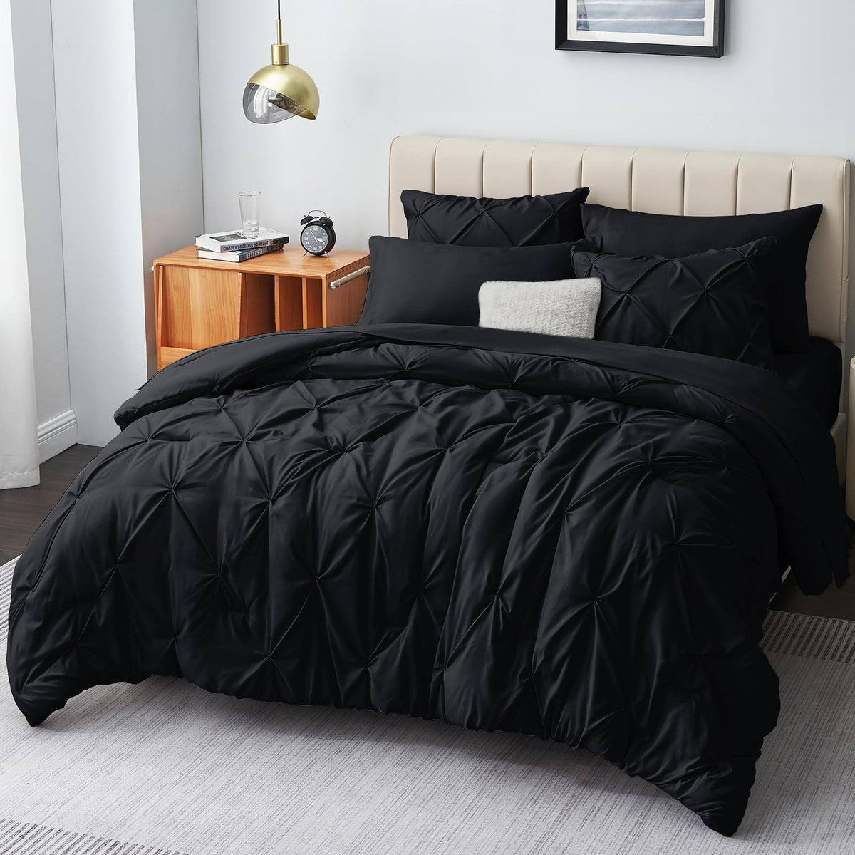 CozyLux King Size Comforter Set - 7 Pieces Comforters Black, Pintuck Bed in A Bag Pinch Pleat Bedding Sets - Product image 1