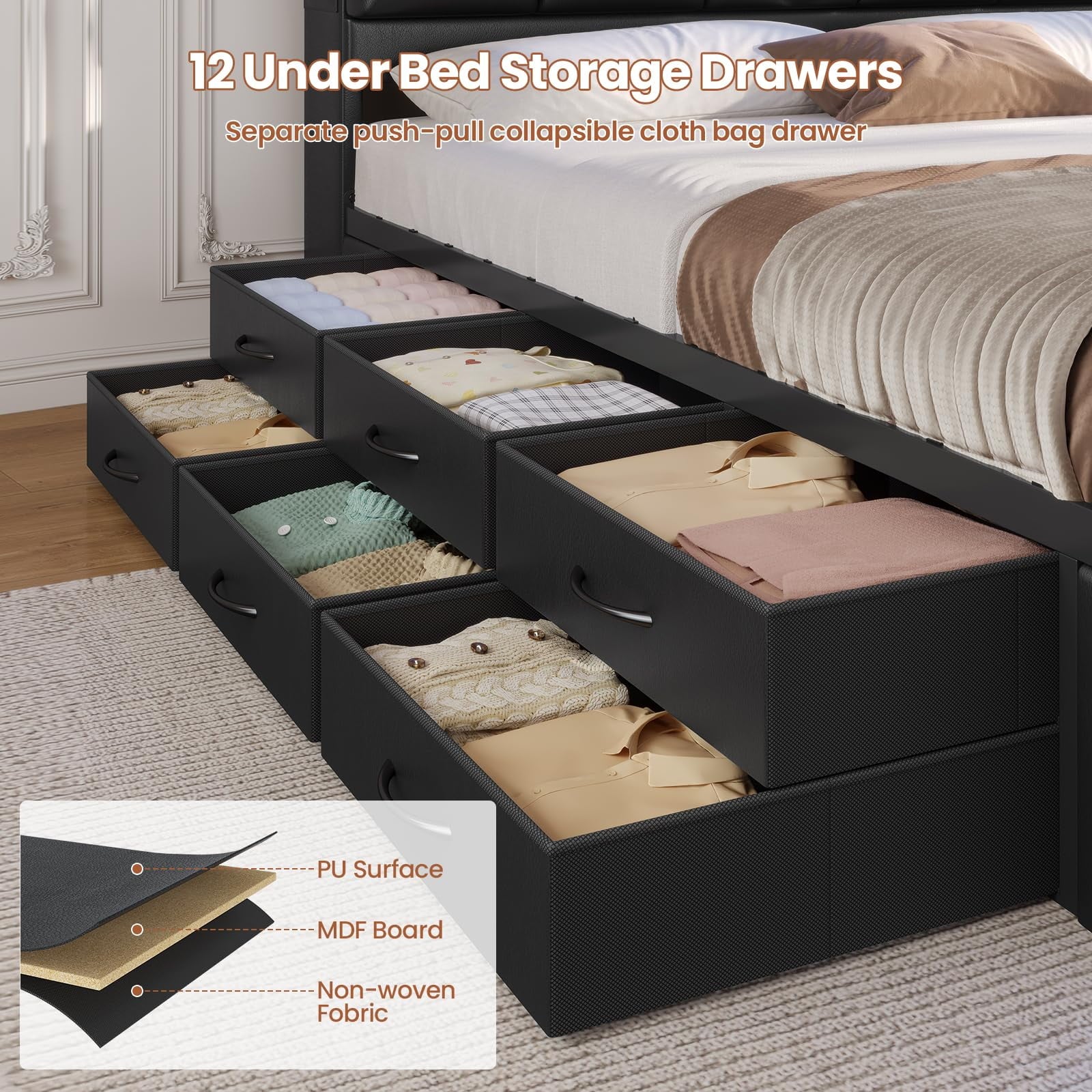 Queen Size Bed Frame with LED Lights Headboard and 12 Storage Drawers, Bookcase - Product image 4