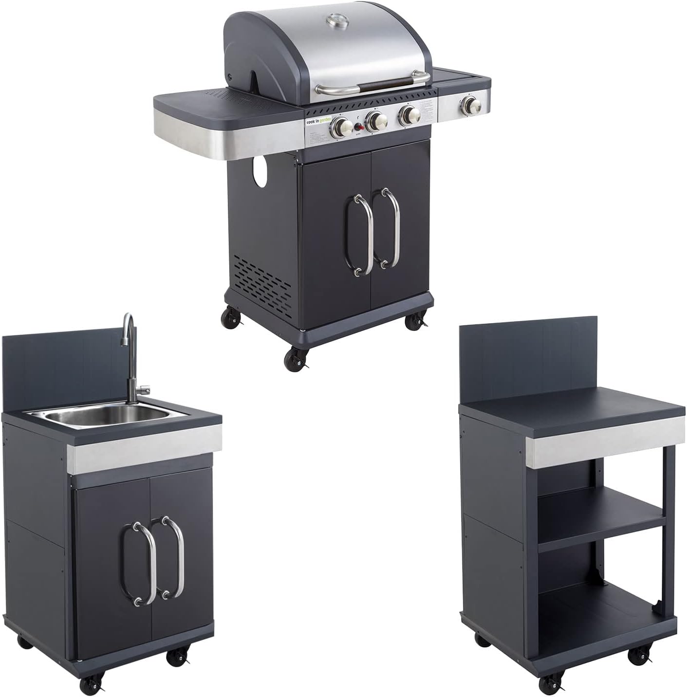 Cook'in Garden FIDGI 3 modular outdoor kitchen - 3-burner gas barbecue with thermometer Extra serving unit and sink