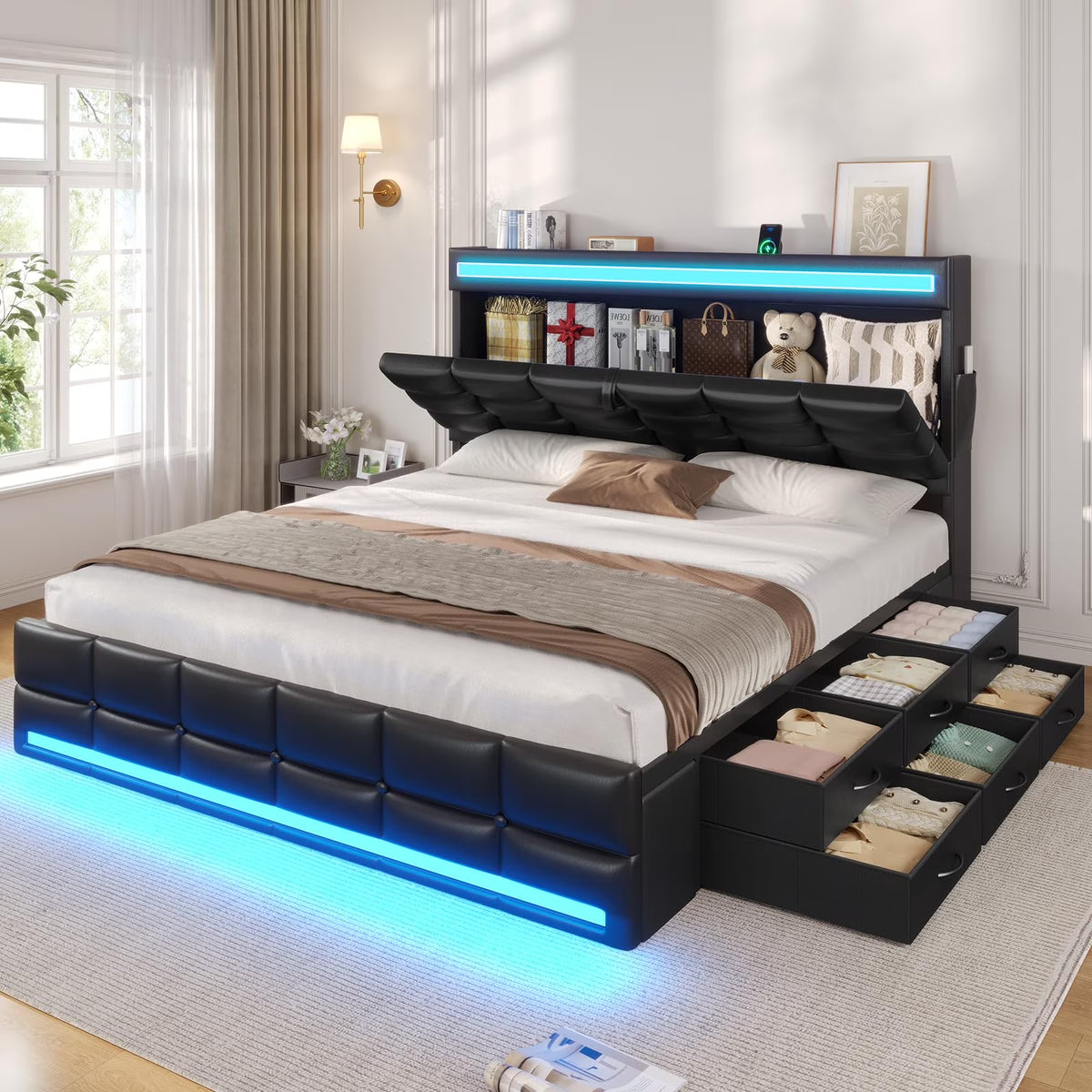 Queen Size Bed Frame with LED Lights Headboard and 12 Storage Drawers, Bookcase - Product image 1