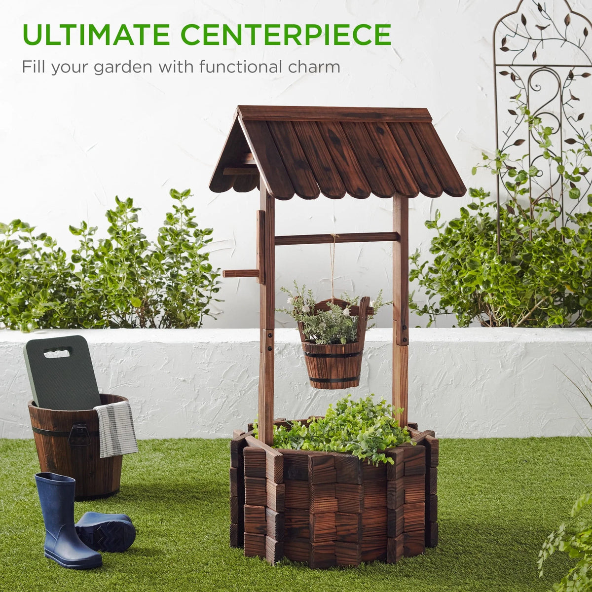 Best Choice Products Rustic Wooden Wishing Well Planter Outdoor Home Decor for Patio, Garden - Product image 2