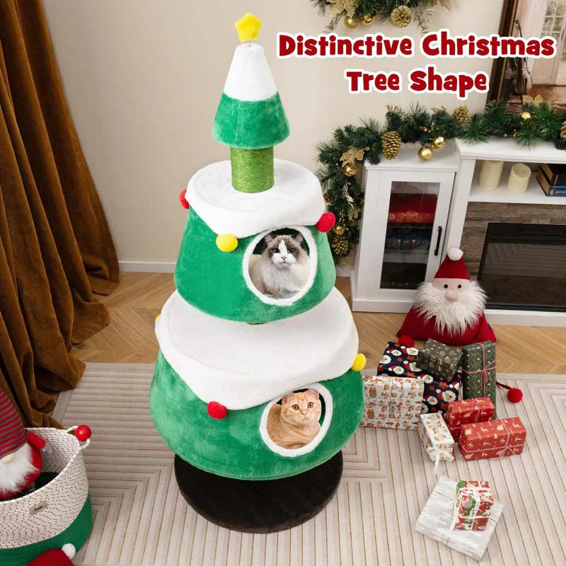 60" Christmas Cat Tree for Indoor Cats, Modern Holiday Cute Cat Tree Tower with 2 Condos - Product image 3