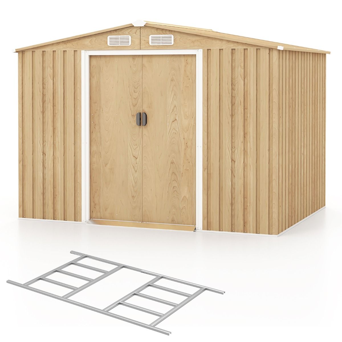 Storage Shed 259cm x196cm with Foundation Base Home Galvanized Metal Tools with 4 Vents Waterproof and Windproof Natural -