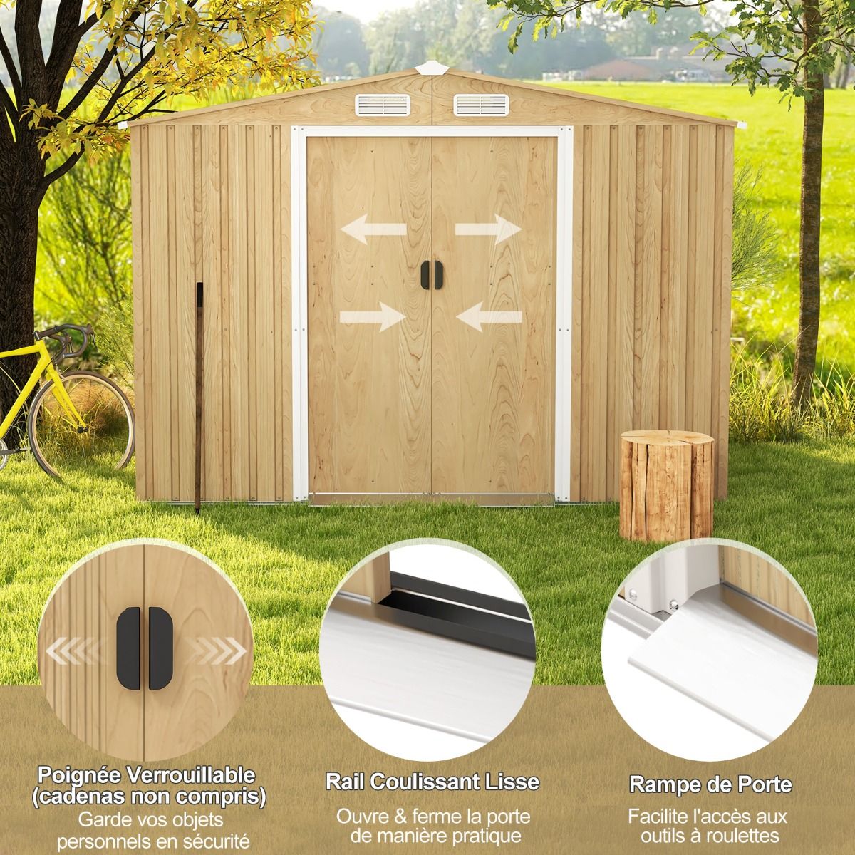 Storage Shed 259cm x196cm with Foundation Base Home Galvanized Metal Tools with 4 Vents Waterproof and Windproof Natural -