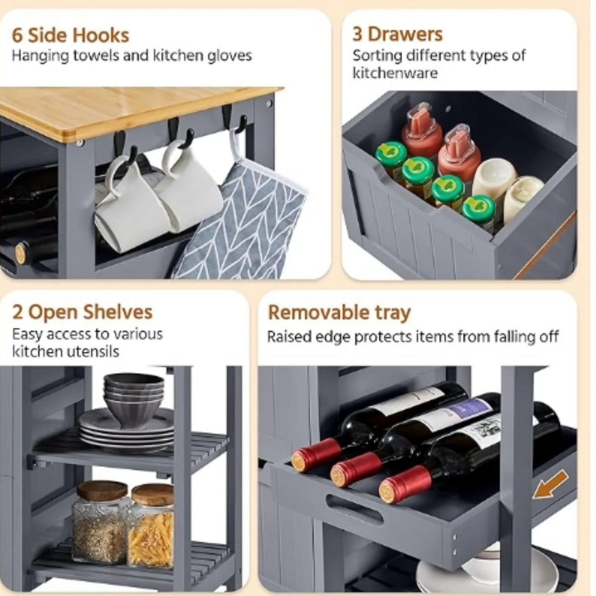 Kitchen Island Cart on Wheels with Storage, Rolling Bar Cart with Solid Wood Top and 3 Drawers - Product image 4
