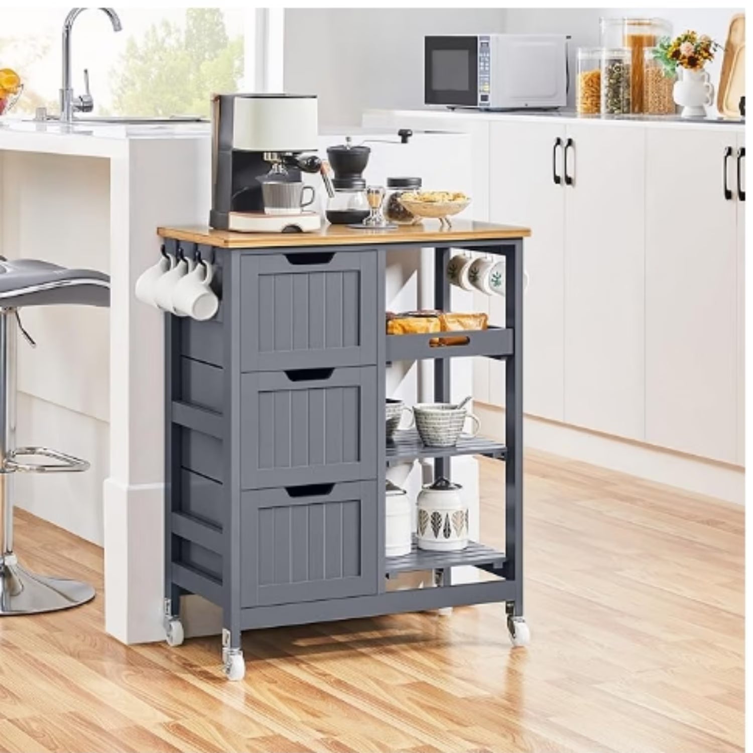Kitchen Island Cart on Wheels with Storage, Rolling Bar Cart with Solid Wood Top and 3 Drawers - Product image 1