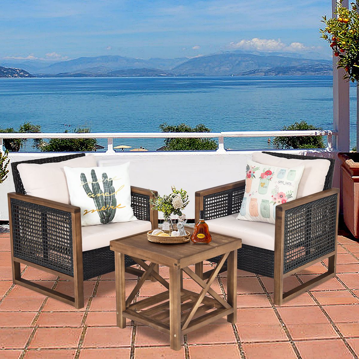 Acacia Wood Garden Furniture Set Handcrafted Rattan Anti-sun Weather Resistant for Porch Balcony Terrace -