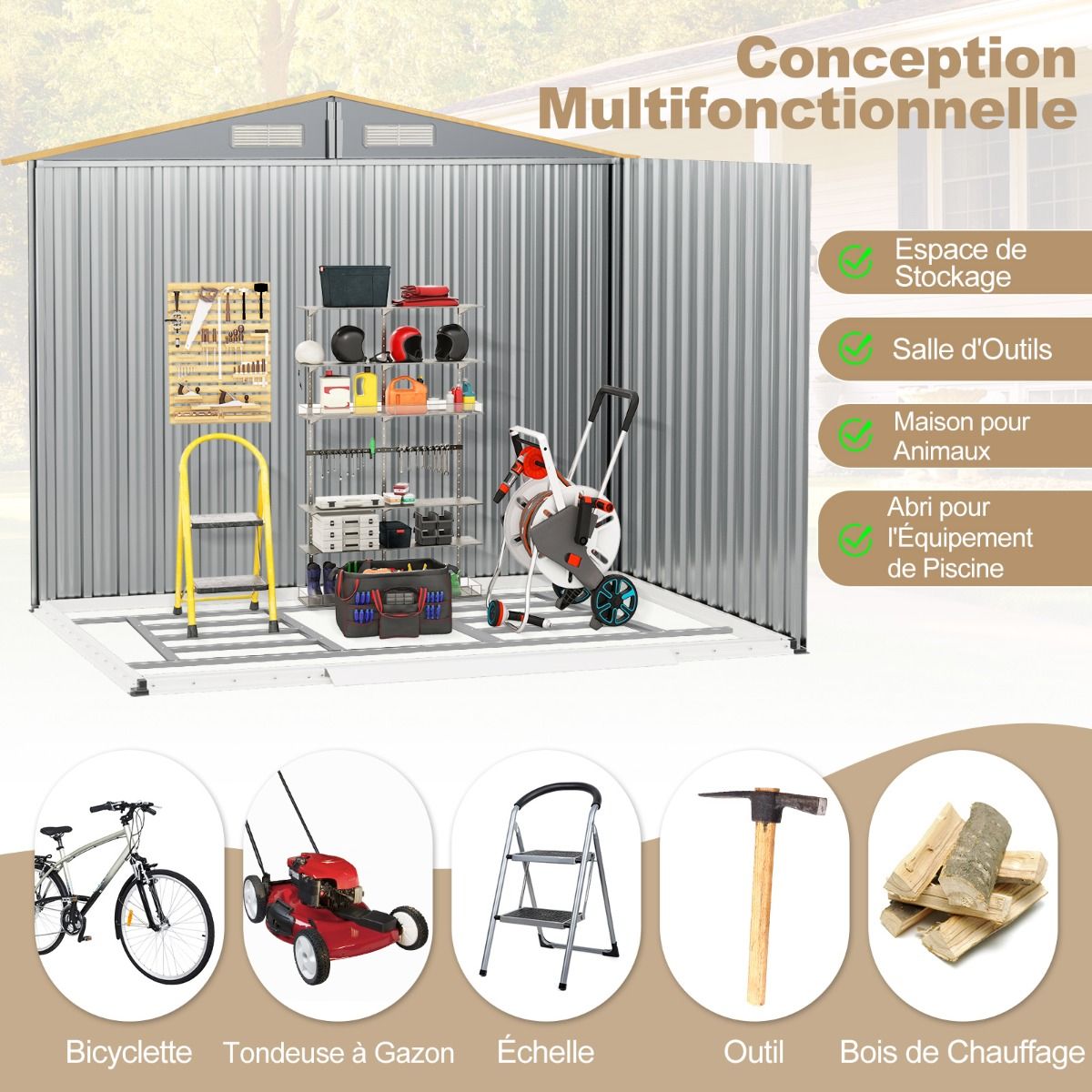 Storage Shed 259cm x196cm with Foundation Base Home Galvanized Metal Tools with 4 Vents Waterproof and Windproof Natural -