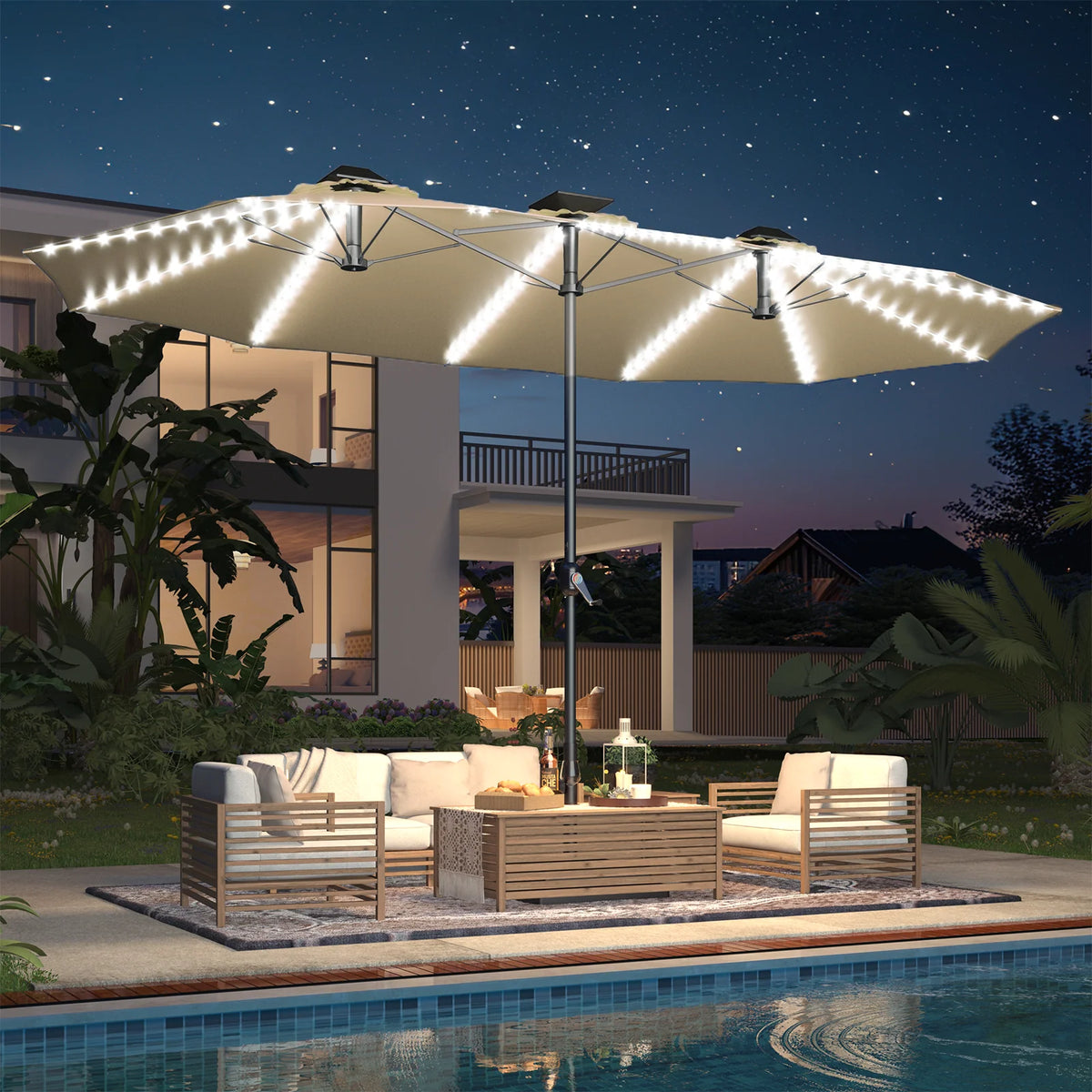 AECOJOY 15ft Patio Double-Sided Umbrella, 156 PCS Solar LED Light Outdoor Large Umbrella, Beige - Product image 8