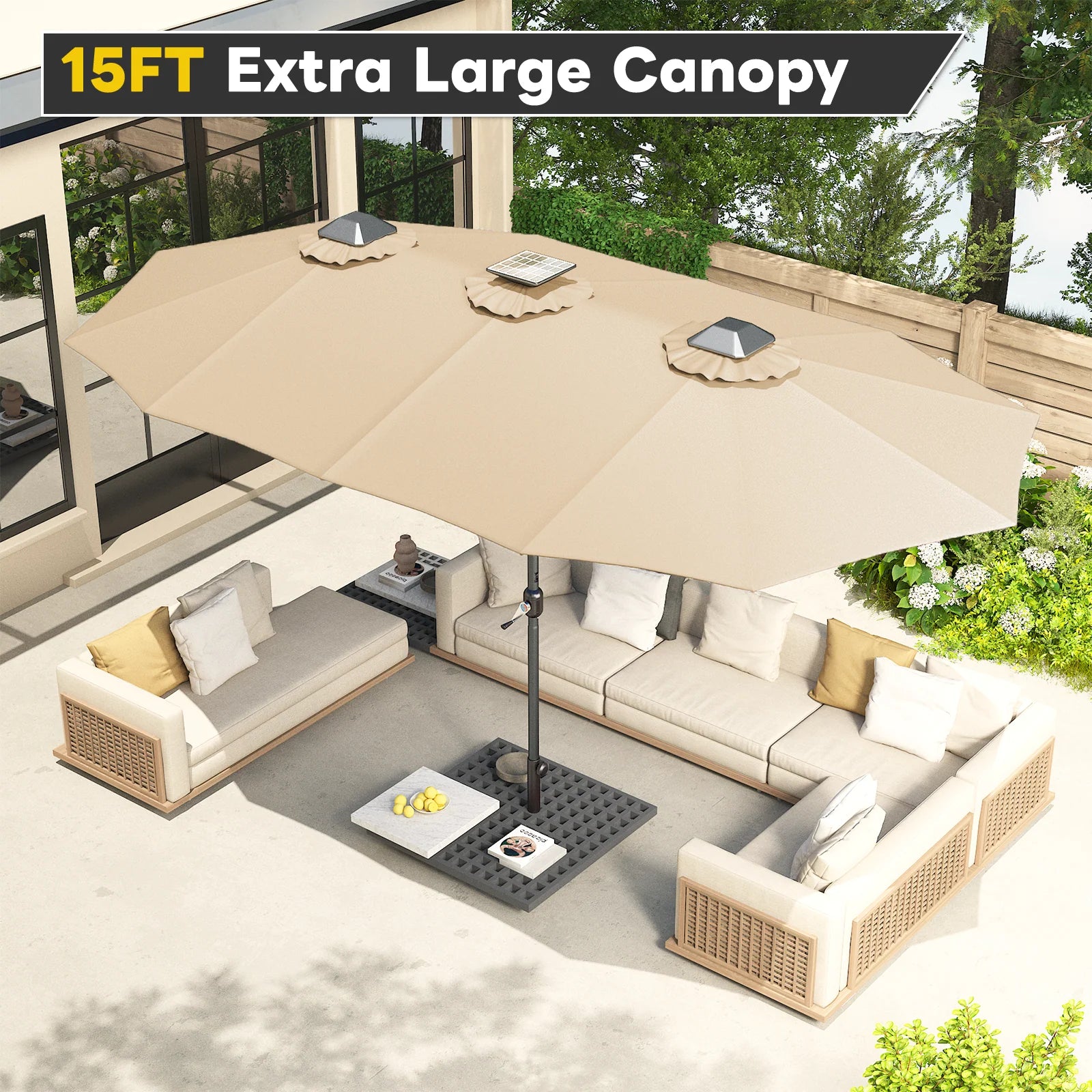 AECOJOY 15ft Patio Double-Sided Umbrella, 156 PCS Solar LED Light Outdoor Large Umbrella, Beige - Product image 6