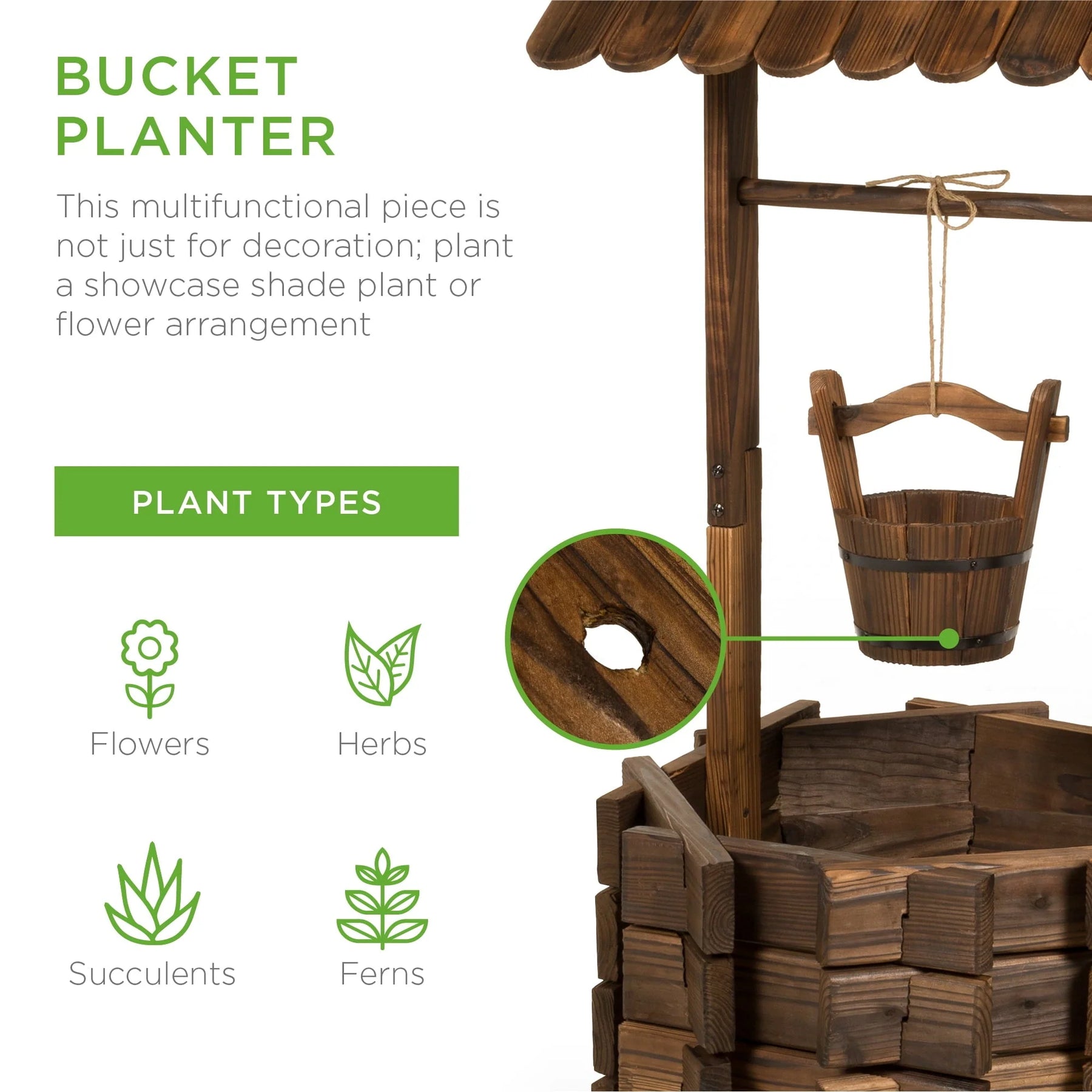 Best Choice Products Rustic Wooden Wishing Well Planter Outdoor Home Decor for Patio, Garden - Product image 3