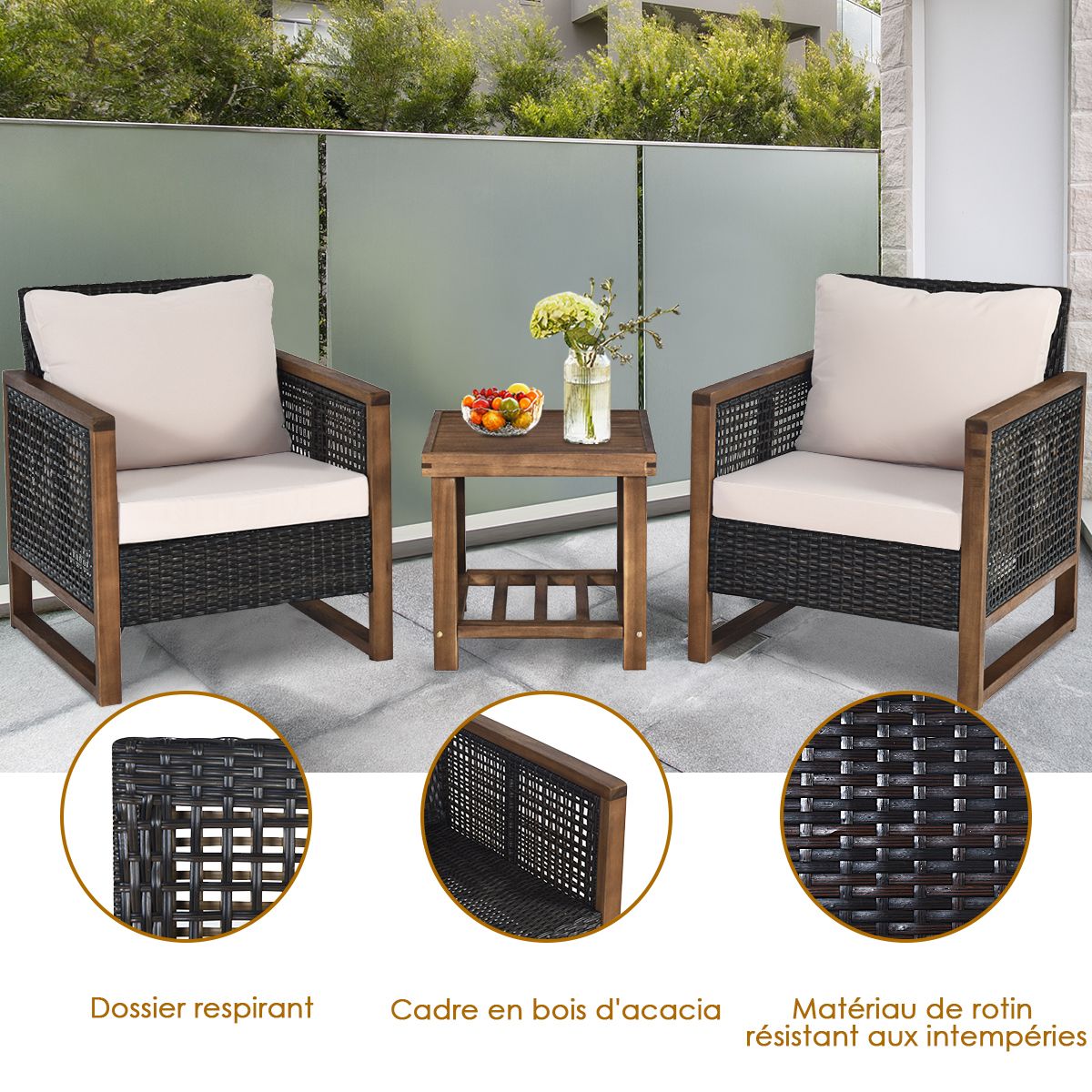 Acacia Wood Garden Furniture Set Handcrafted Rattan Anti-sun Weather Resistant for Porch Balcony Terrace -