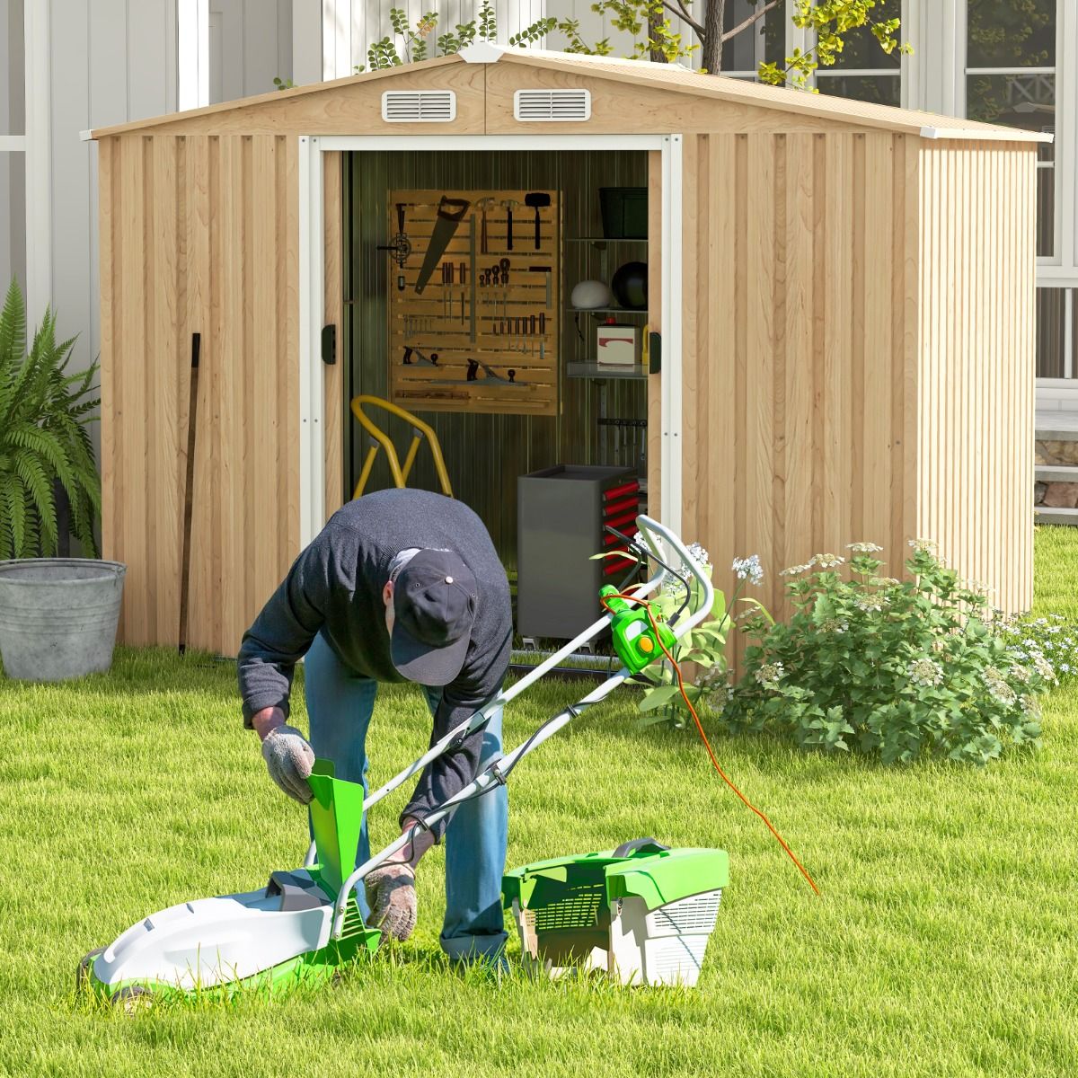 Storage Shed 259cm x196cm with Foundation Base Home Galvanized Metal Tools with 4 Vents Waterproof and Windproof Natural -