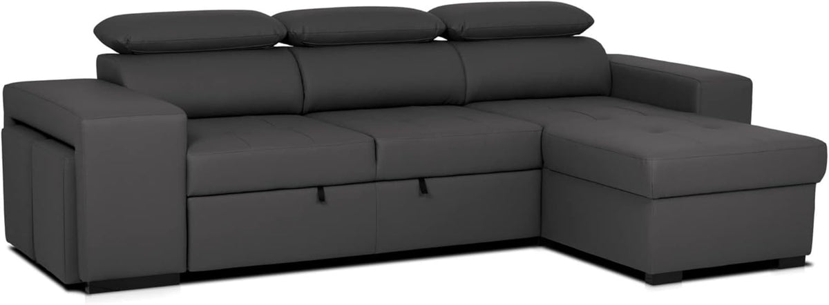 BUDWING John 4-Seater Corner Sofa Bed – Reversible Chaise Longue, Adjustable Headrests and 2 Poufs – Polyurethane Covering – Modern Style – 263x161x96 cm – Black