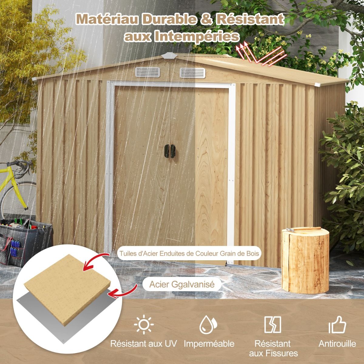 Storage Shed 259cm x196cm with Foundation Base Home Galvanized Metal Tools with 4 Vents Waterproof and Windproof Natural -
