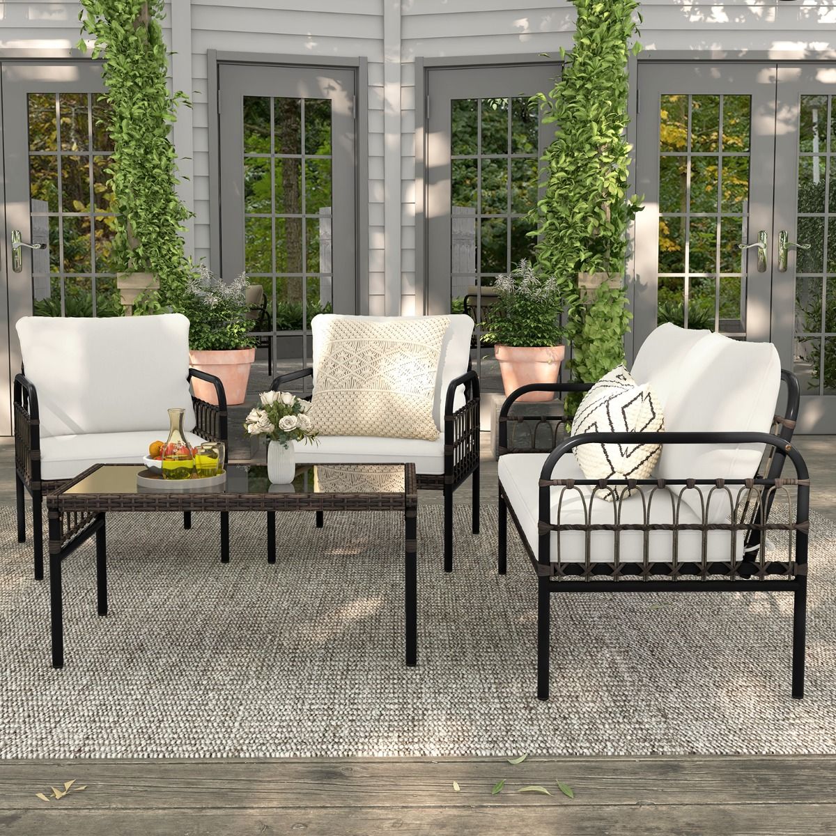 Patio Furniture 4 Pieces Rattan Load 180-360KG with Loveseat Chairs Cushions and Tempered Glass Coffee Table for Balcony White -