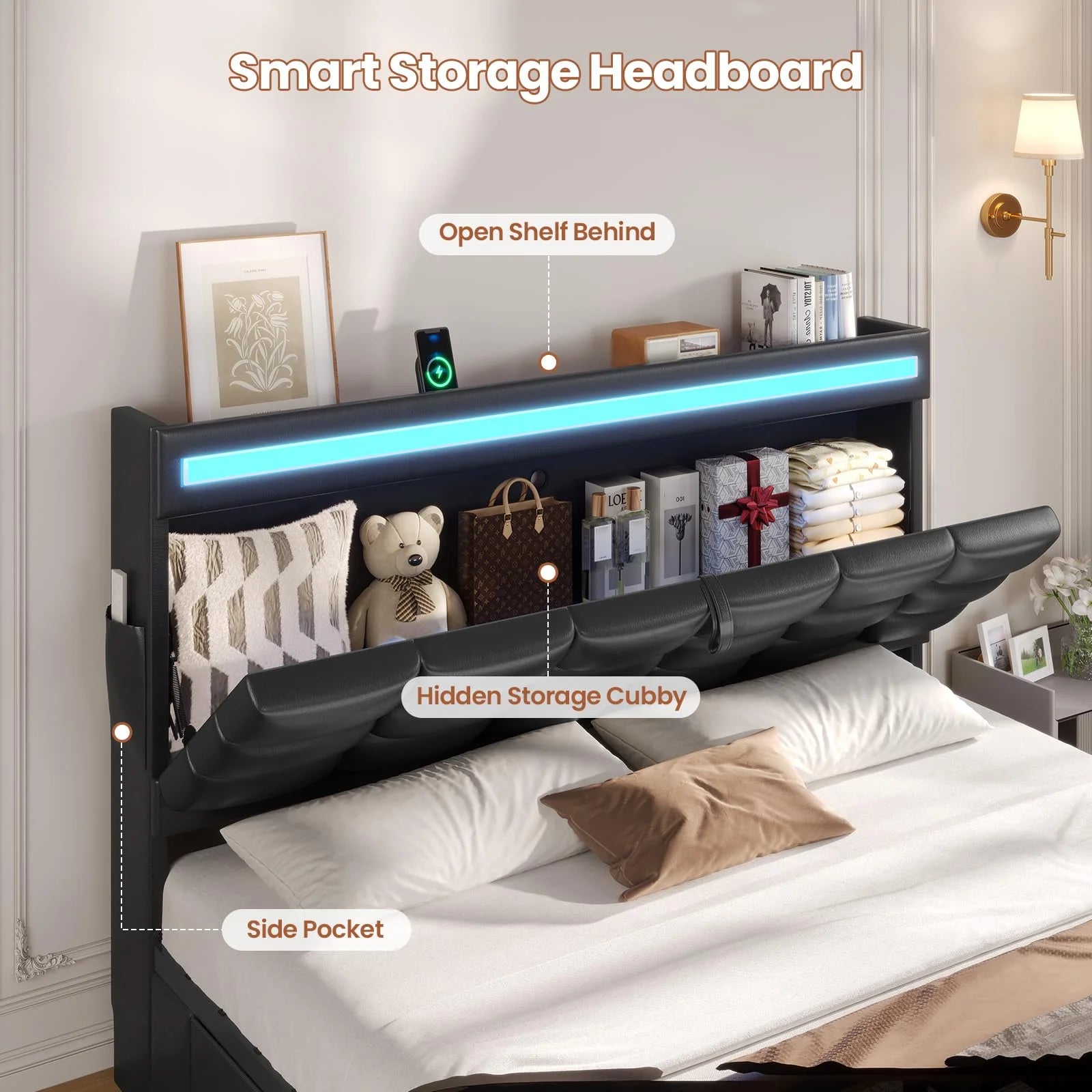 Queen Size Bed Frame with LED Lights Headboard and 12 Storage Drawers, Bookcase - Product image 5