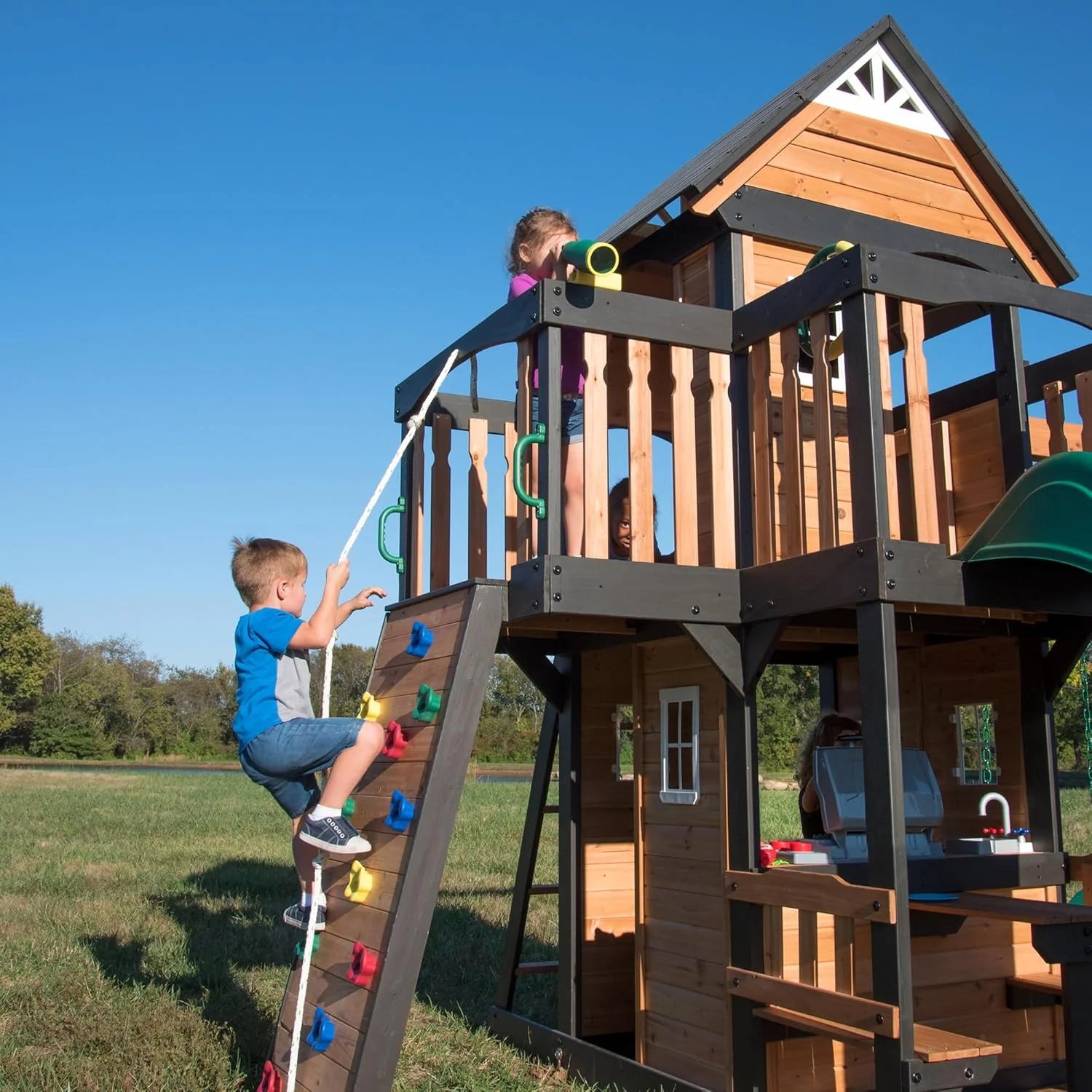 Canyon Creek Cedar Wood Swing Set with Wave Slide, Clubhouse, Play Kitchen, Picnic Area, Belt Swings - Product image 6