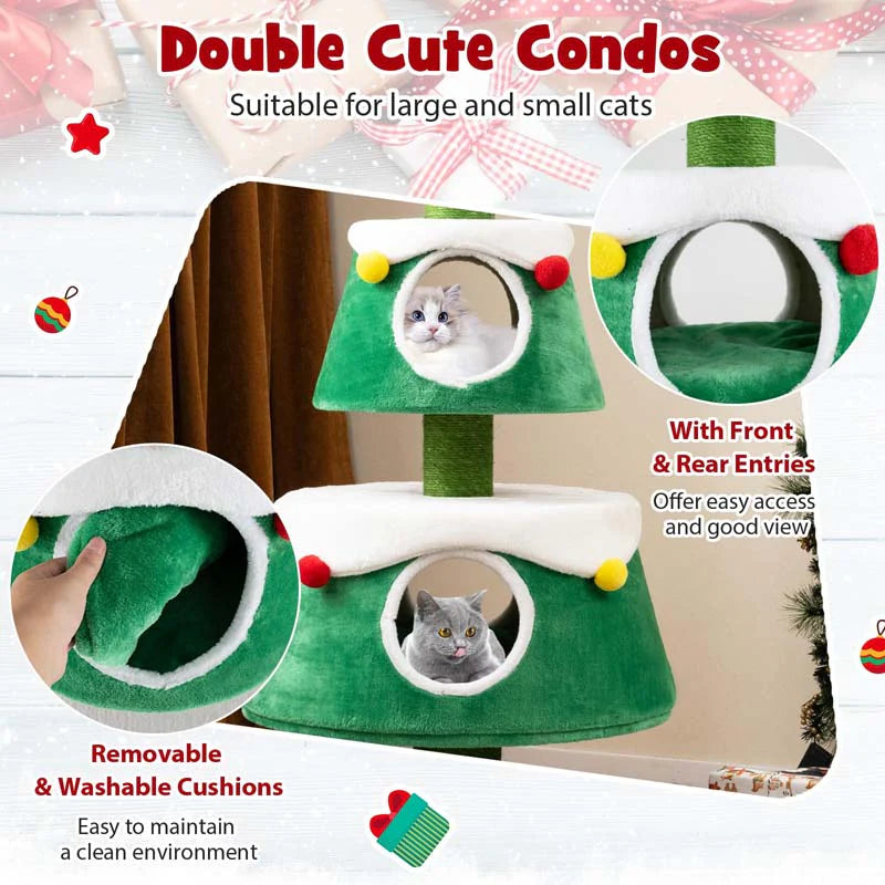 60" Christmas Cat Tree for Indoor Cats, Modern Holiday Cute Cat Tree Tower with 2 Condos - Product image 5