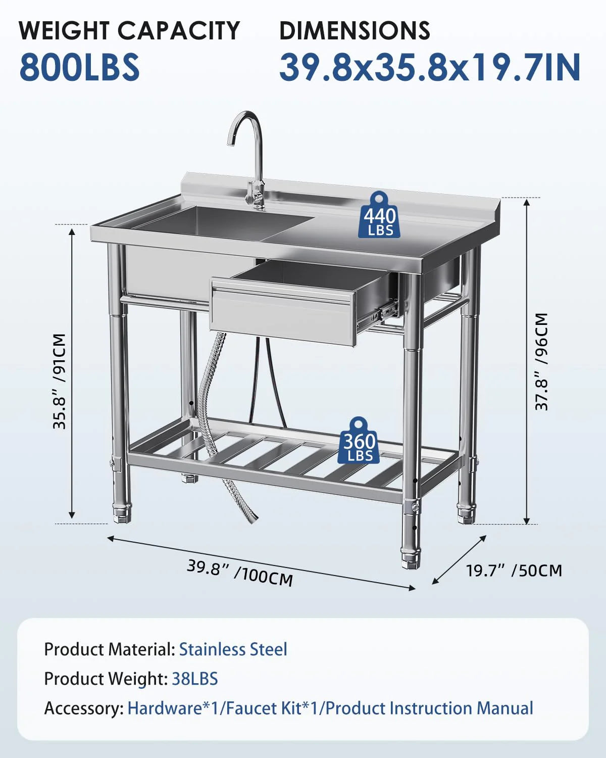 AECOJOY Stainless Steel Utility Sink, Free Standing Single Bowl Commercial Kitchen Sinks with Faucet - Product image 3