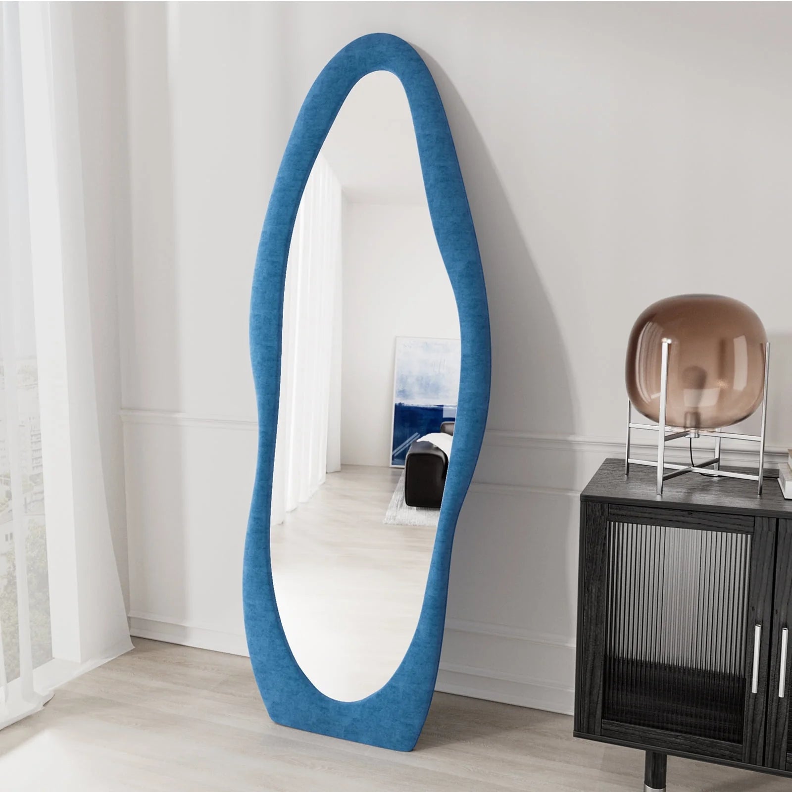 VLUSH Irregular Full Length Mirror, Floor Mirror Hanging & Leaning, 63"x24" Wavy Wall Mirror (Blue) - Product image 3