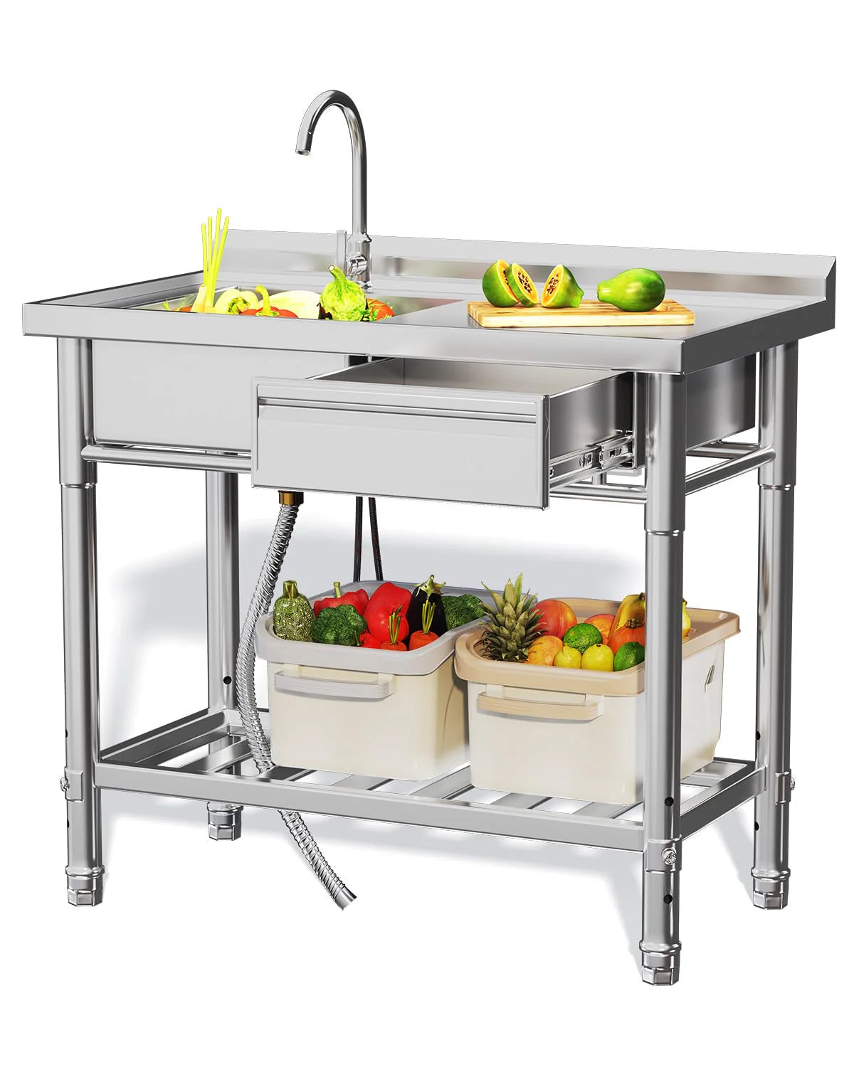AECOJOY Stainless Steel Utility Sink, Free Standing Single Bowl Commercial Kitchen Sinks with Faucet - Product image 1