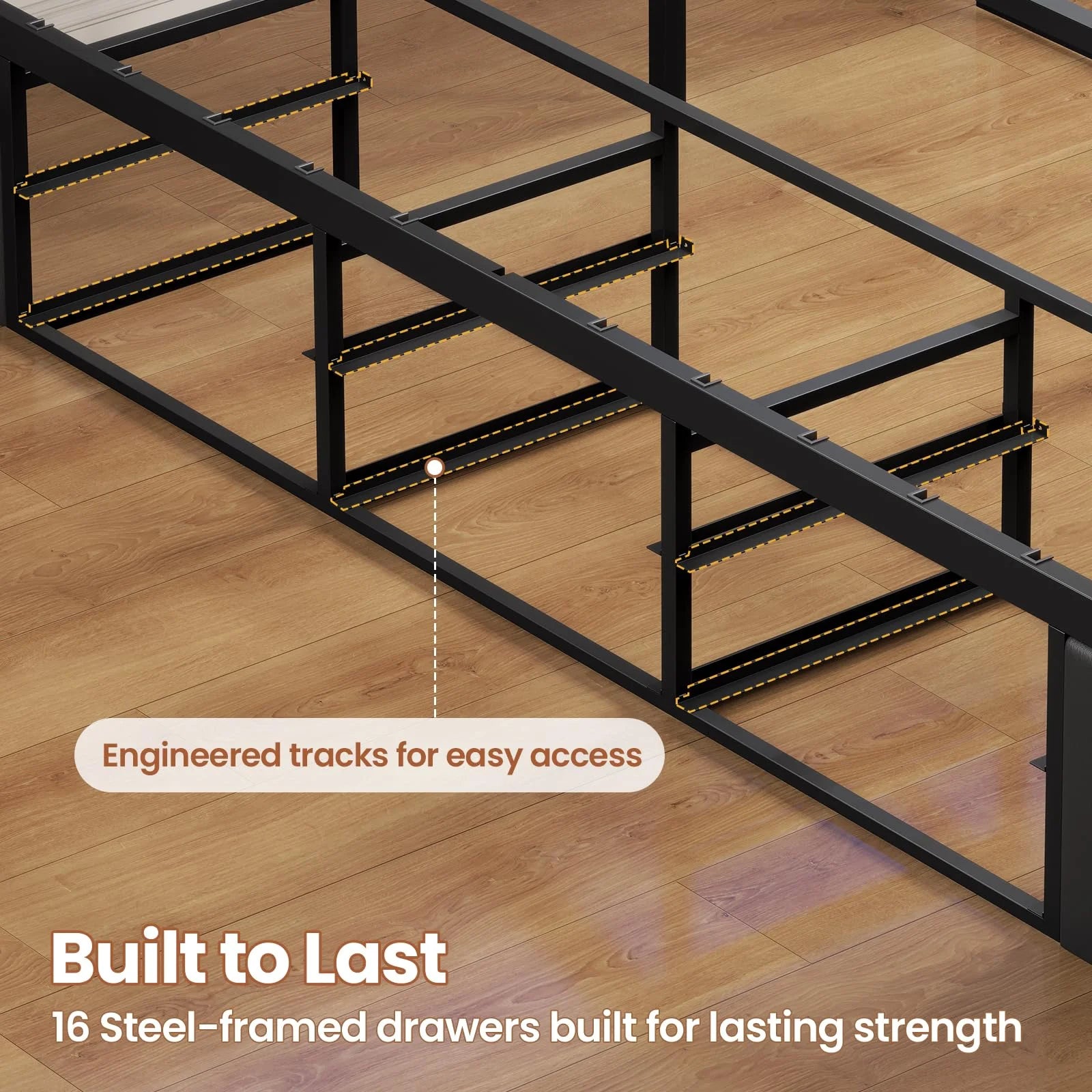 Queen Size Bed Frame with LED Lights Headboard and 12 Storage Drawers, Bookcase - Product image 8