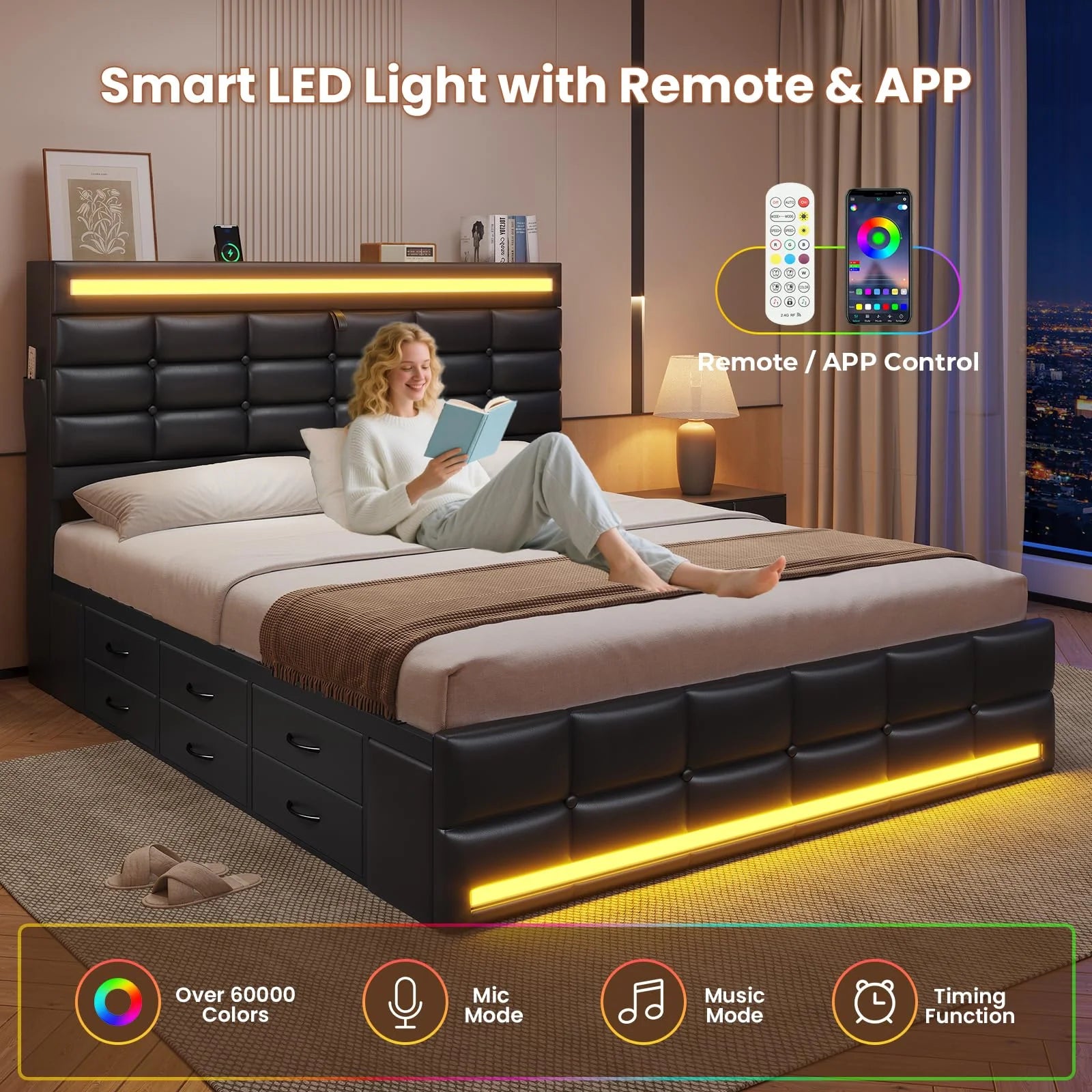 Queen Size Bed Frame with LED Lights Headboard and 12 Storage Drawers, Bookcase - Product image 3