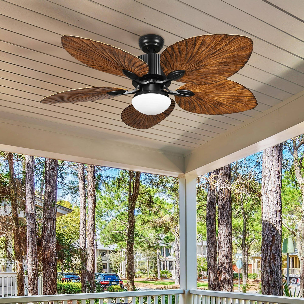 Wedealfu Inc 52 inch Moasis Palm Leaf Ceiling Fan LED Light Tropical Style with Remote Brown Blades - Product image 1