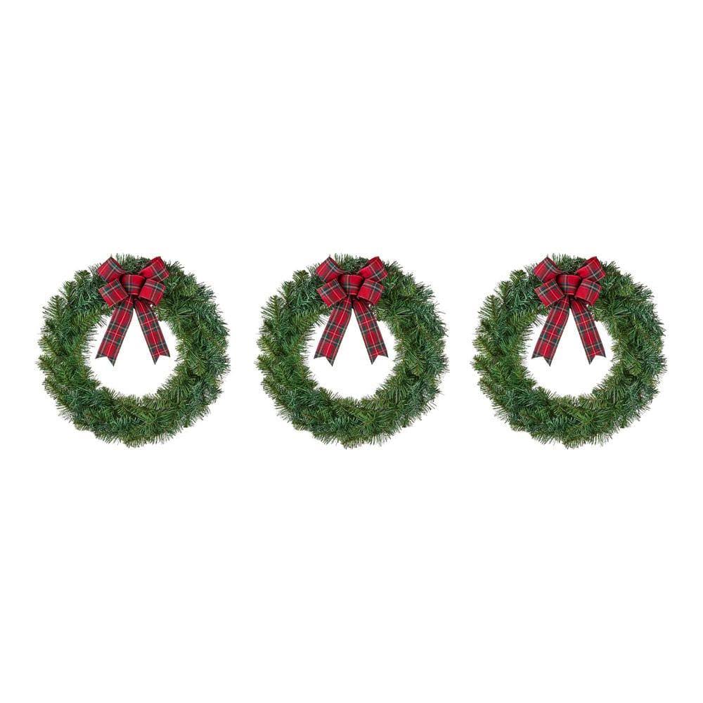 Home Accents Holiday 22 in. Green Artificial Noble Pine Wreaths with Plaid Bow (3-pack) - Product image 1
