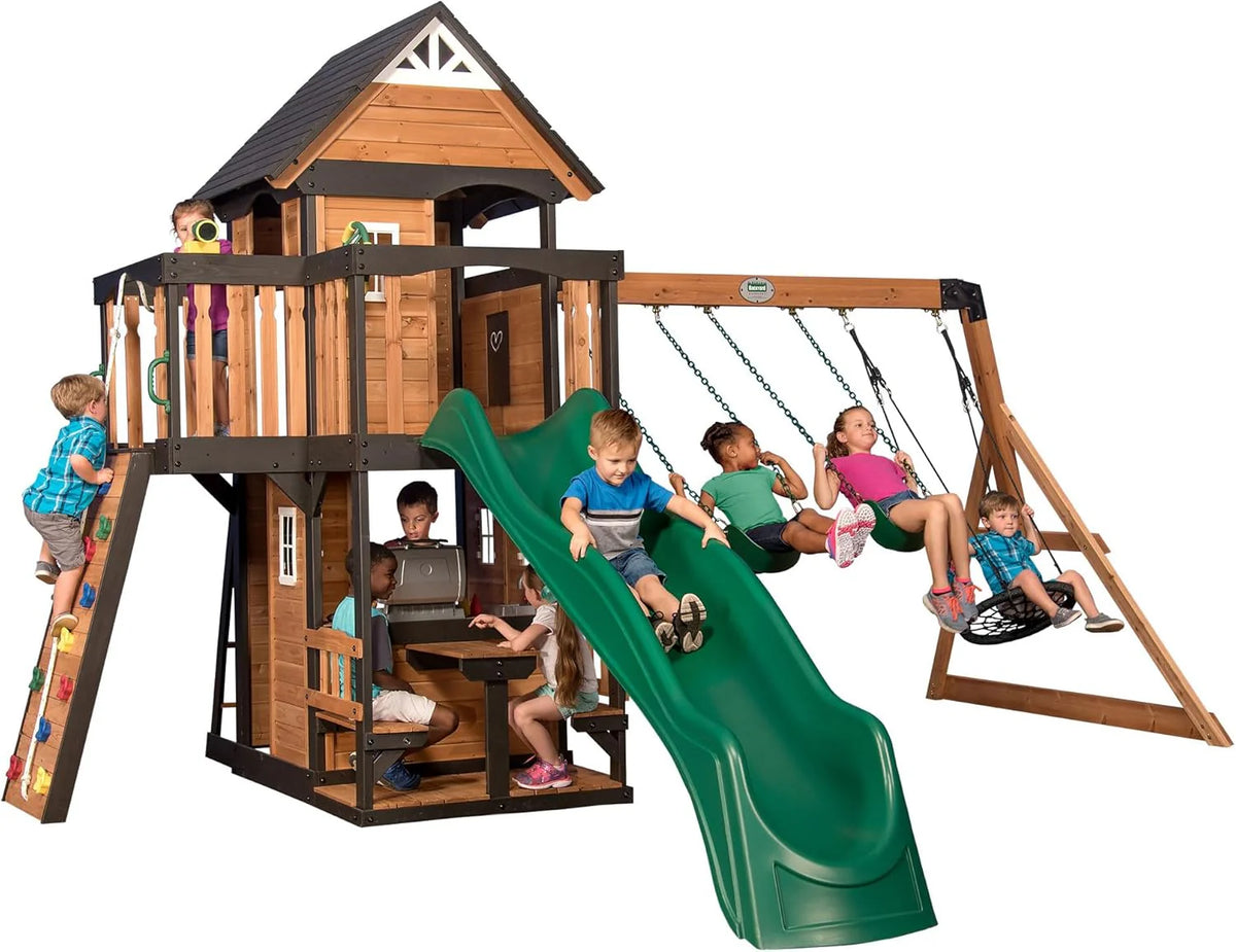 Canyon Creek Cedar Wood Swing Set with Wave Slide, Clubhouse, Play Kitchen, Picnic Area, Belt Swings - Product image 5
