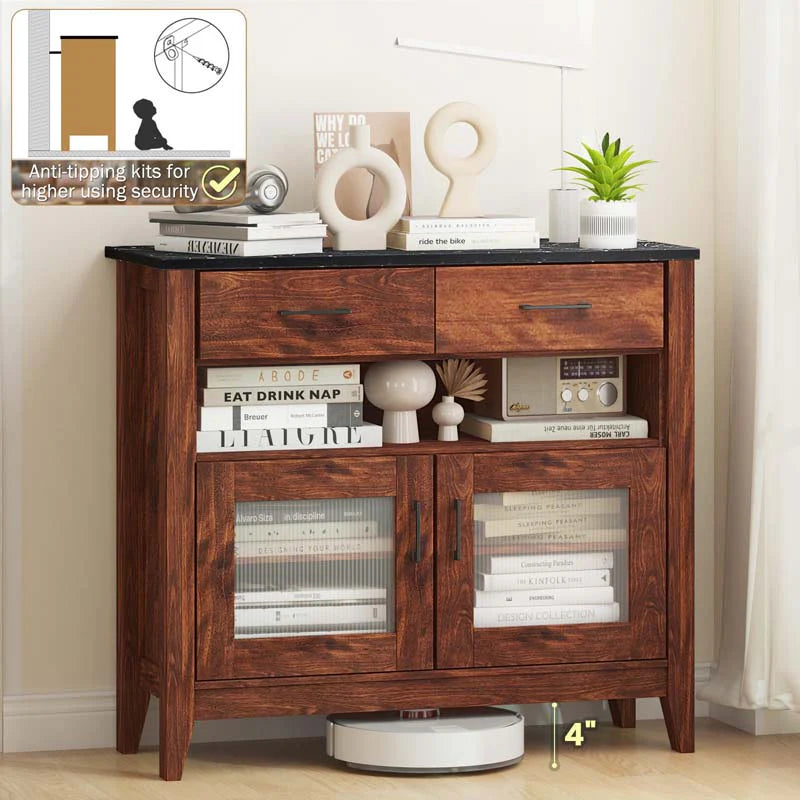 Sideboard Buffet Cabinet, Coffee Bar Cabinet with 2 Drawers, Faux Marble Top - Product image 2