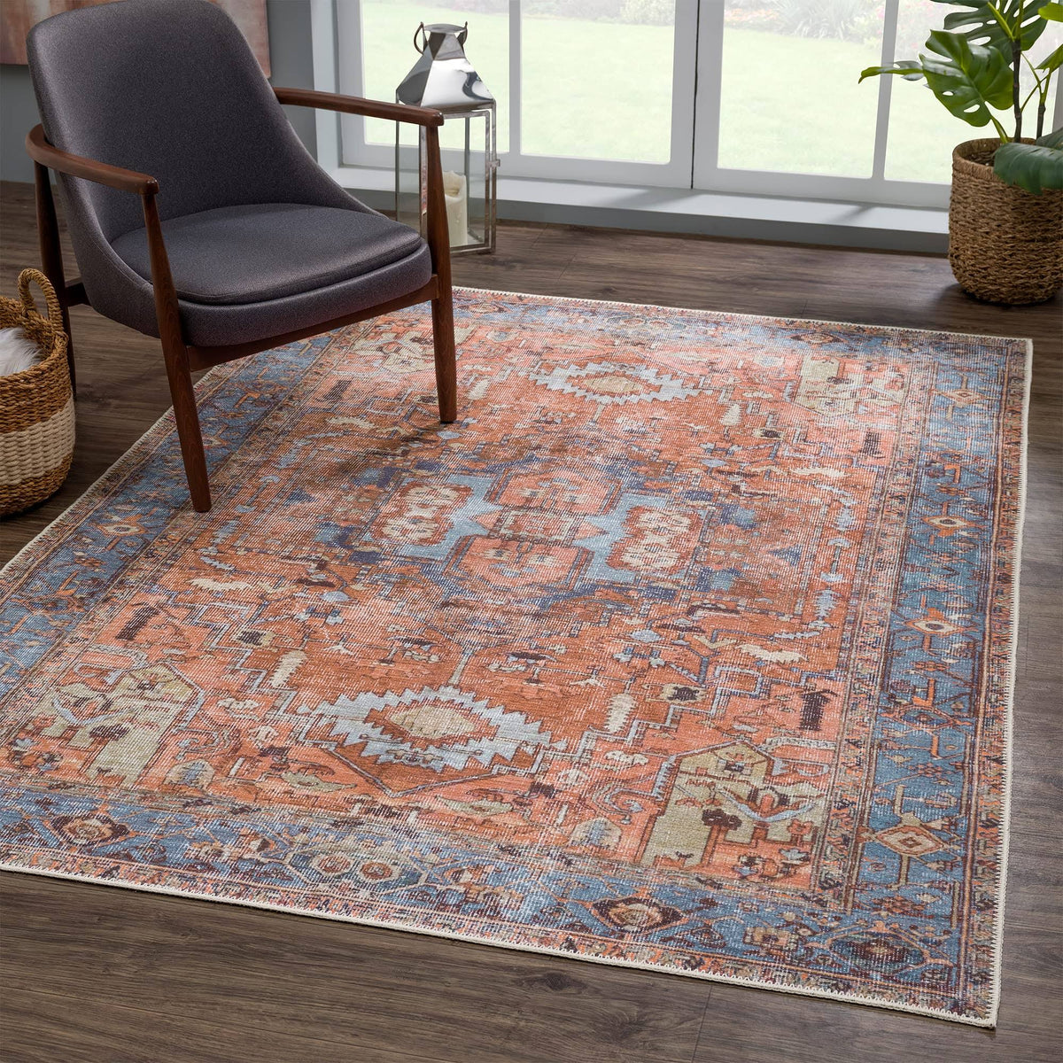 Bloom Rugs Washable 5' x 7' Rug - Terracotta/Blue Traditional Area Rug for Living Room, Bedroom - Product image 1