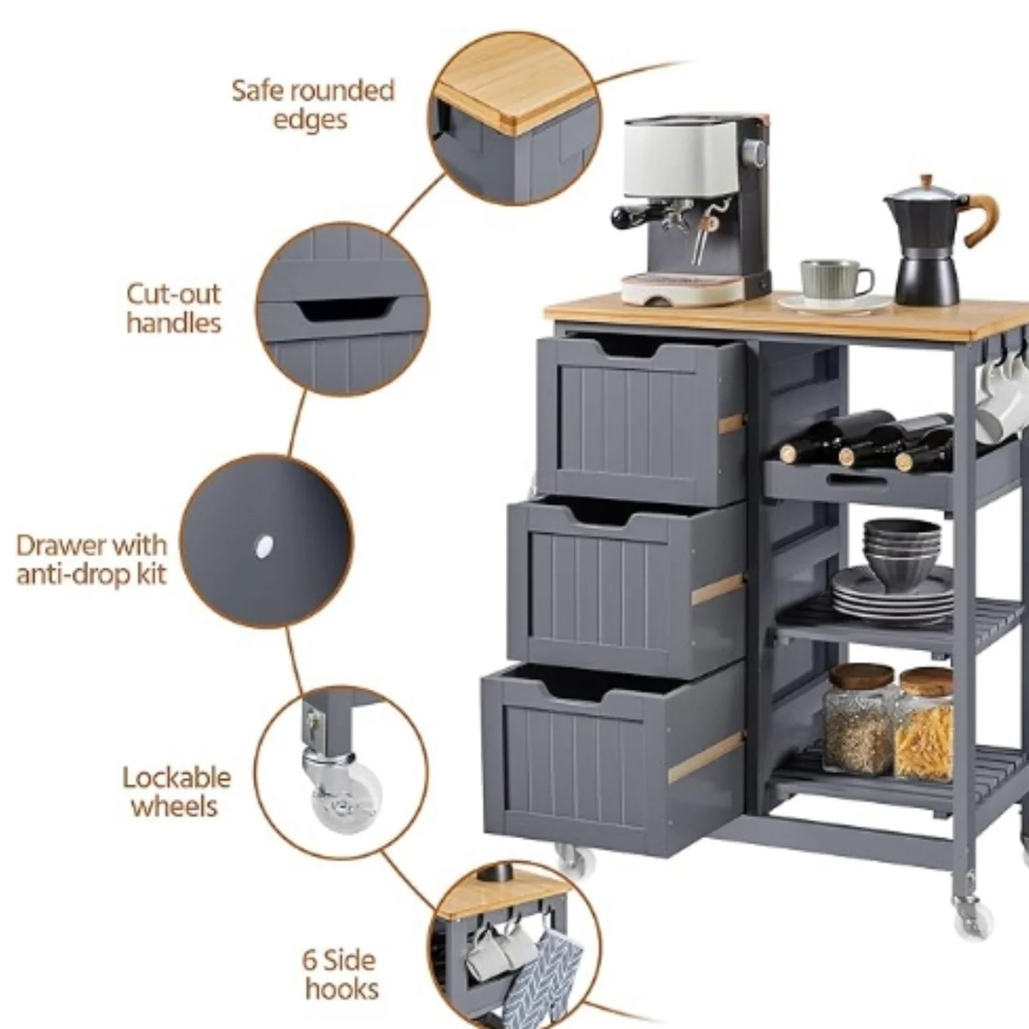 Kitchen Island Cart on Wheels with Storage, Rolling Bar Cart with Solid Wood Top and 3 Drawers - Product image 5
