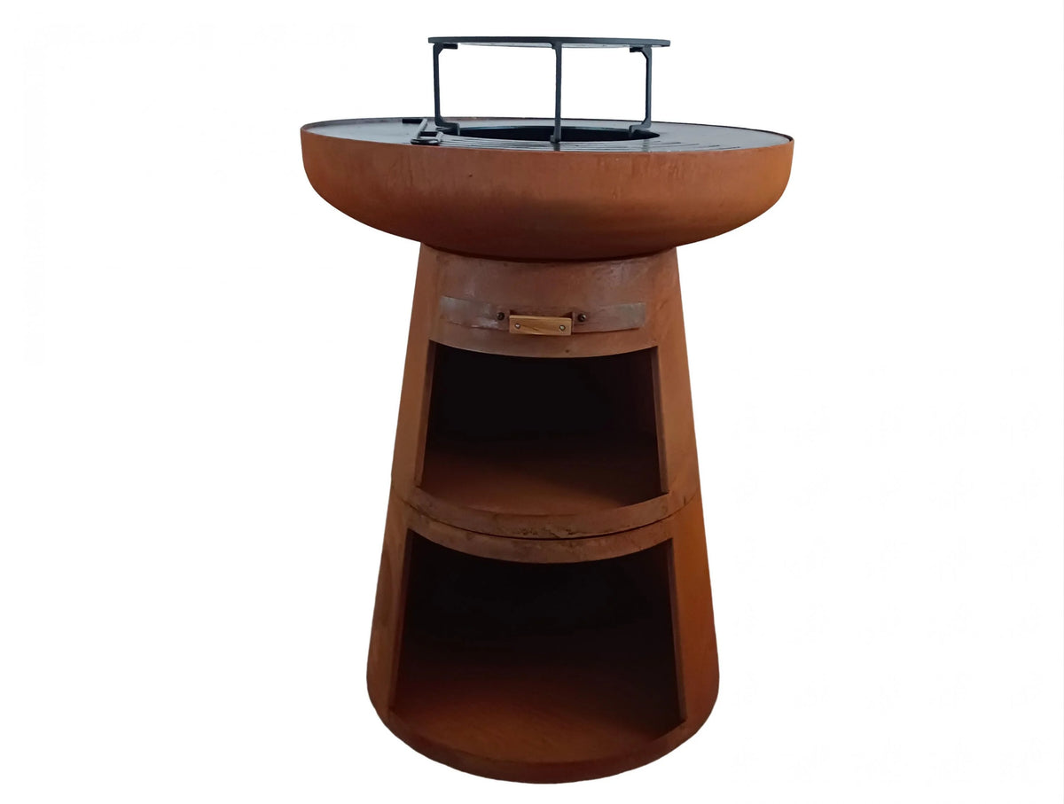 Round barbecue with round steel plate and corten steel grill -