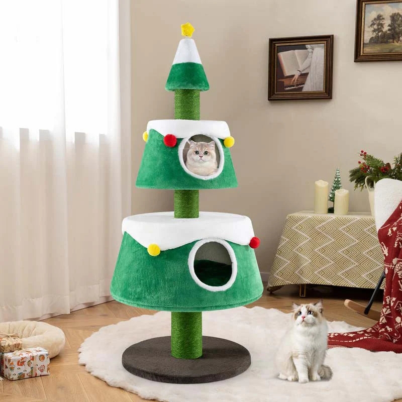 60" Christmas Cat Tree for Indoor Cats, Modern Holiday Cute Cat Tree Tower with 2 Condos, Sisal Scratching Posts