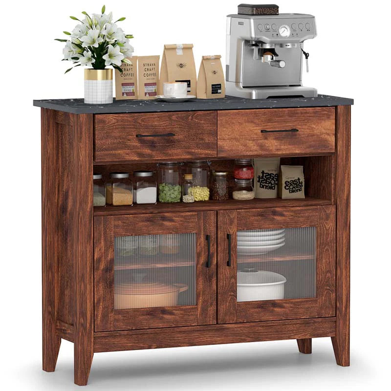 Sideboard Buffet Cabinet, Coffee Bar Cabinet with 2 Drawers, Faux Marble Top - Product image 1