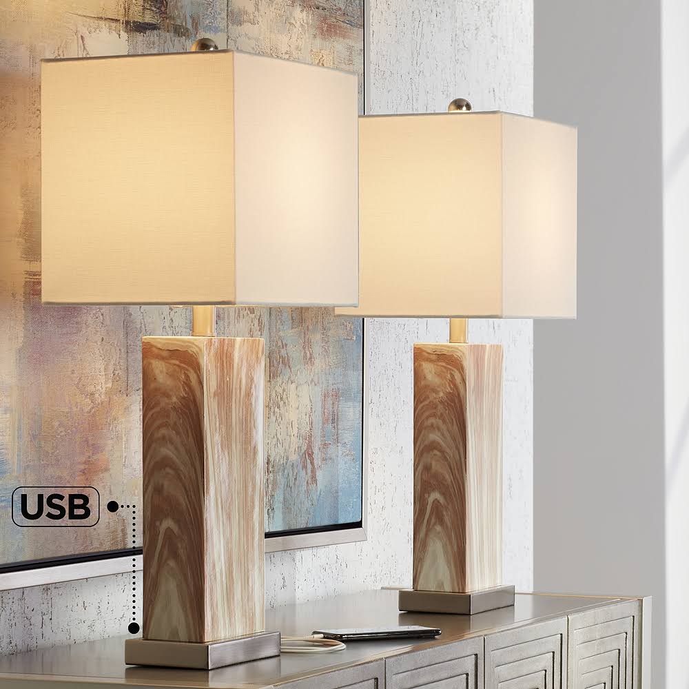 360 Lighting Connie Modern Table Lamps Set of 2 25" High Brown Faux Marble with USB Charging Port White Rectangular Shade for Living Room