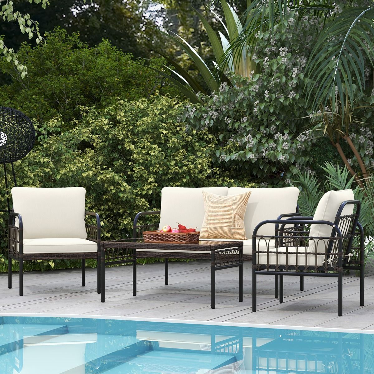 Patio Furniture 4 Pieces Rattan Load 180-360KG with Loveseat Chairs Cushions and Tempered Glass Coffee Table for Balcony White -