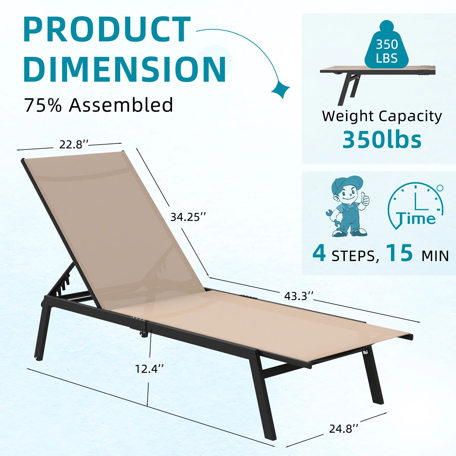 AECOJOY Patio Lounge Chairs, Outdoor Chaise Lounge with Wheels, Beige, 2PCS