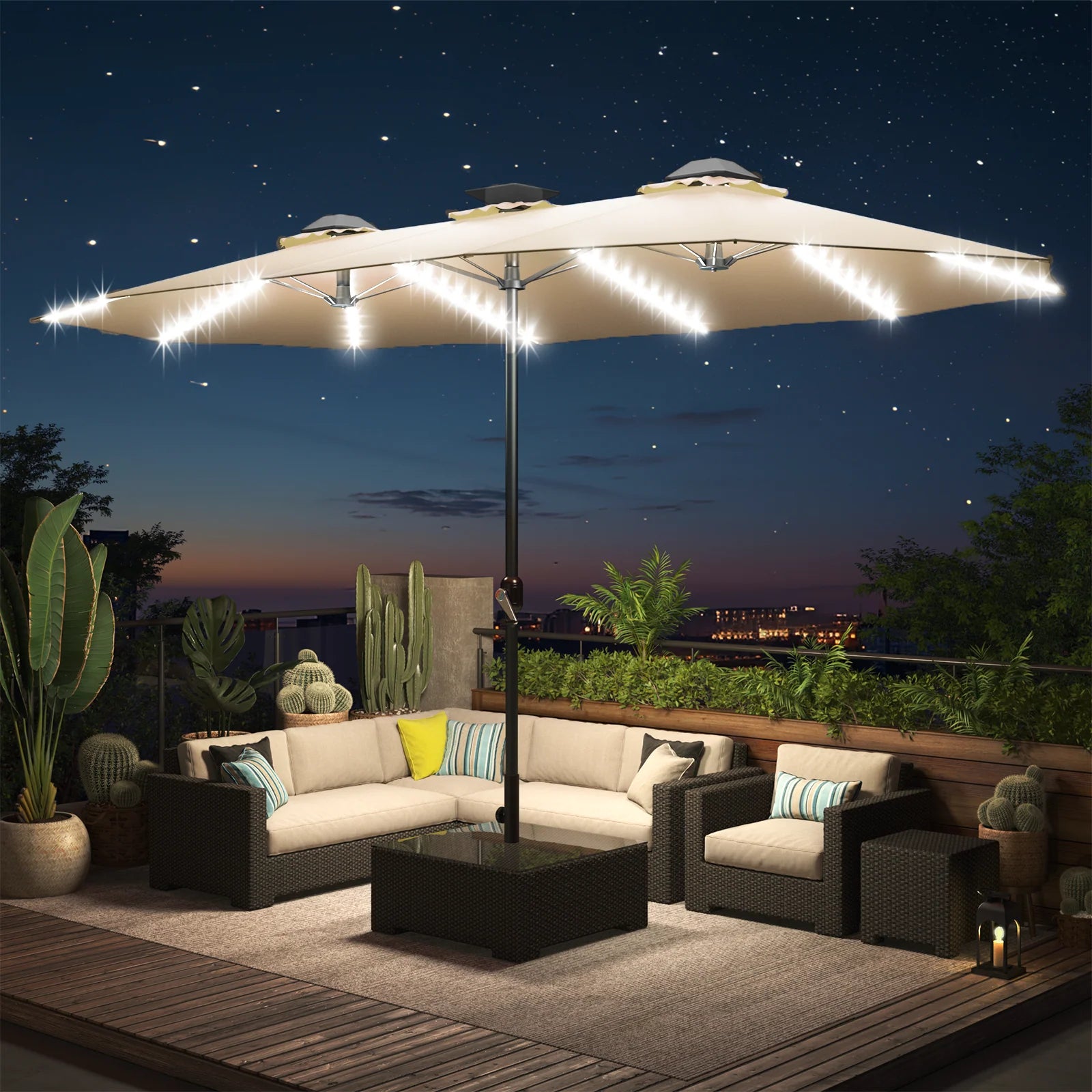 AECOJOY 15ft Patio Double-Sided Umbrella, 156 PCS Solar LED Light Outdoor Large Umbrella, Beige - Product image 2